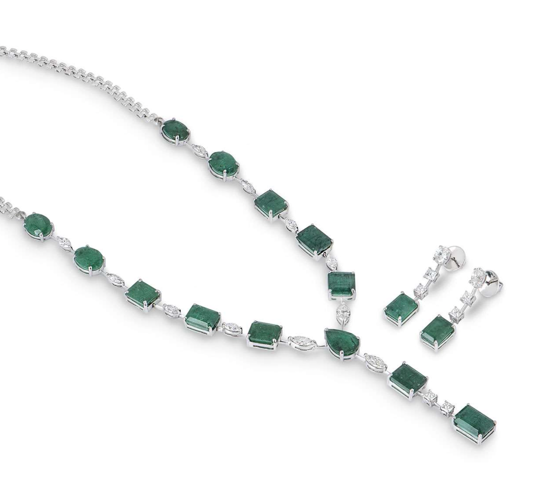 Preowned 18ct white gold diamond  emerald jewellery suite Green white gold