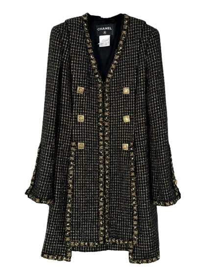 Chanel Black and Gold Metallic Longline Tweed Jacket Size S multicolor