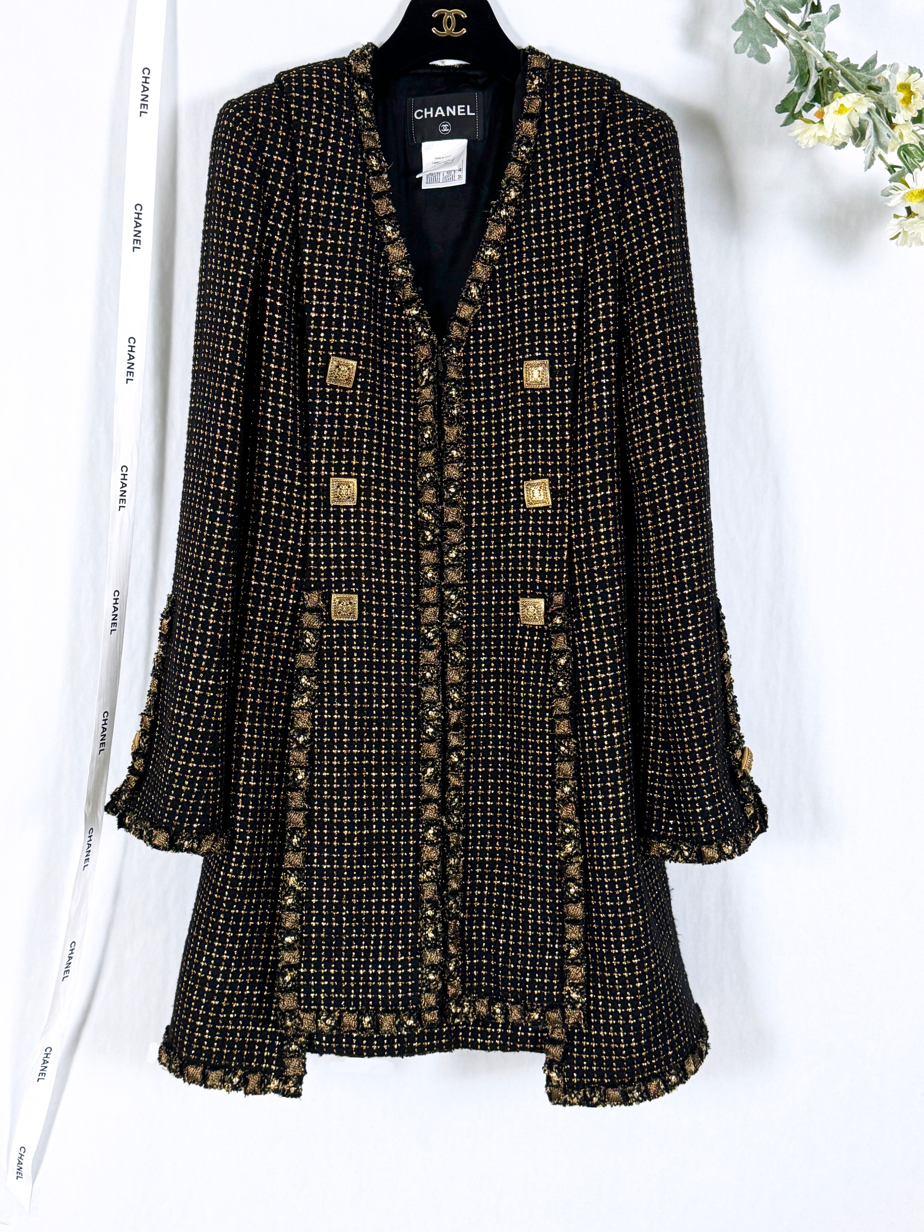 Chanel Black and Gold Metallic Longline Tweed Jacket Size S multicolor