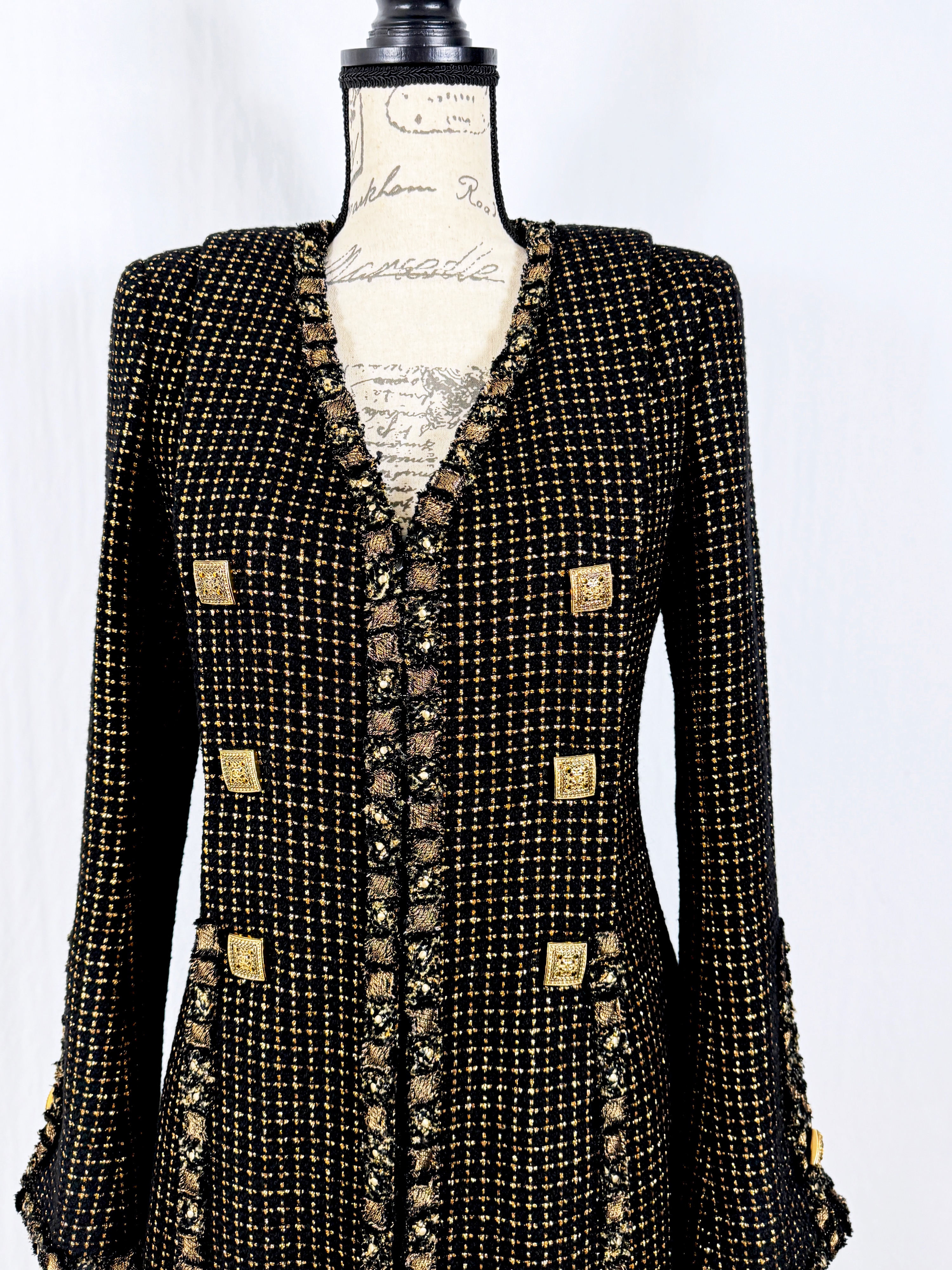 Chanel Black and Gold Metallic Longline Tweed Jacket Size S multicolor