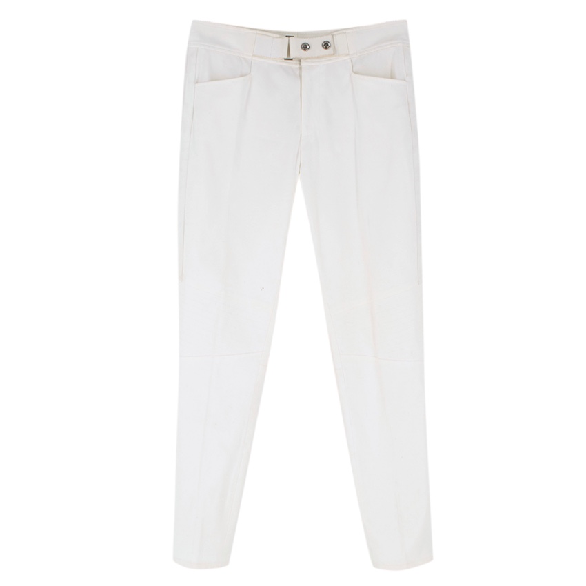 Preowned Ralph Lauren Ivory Cotton Trousers with Leather Detail Size XS Cream