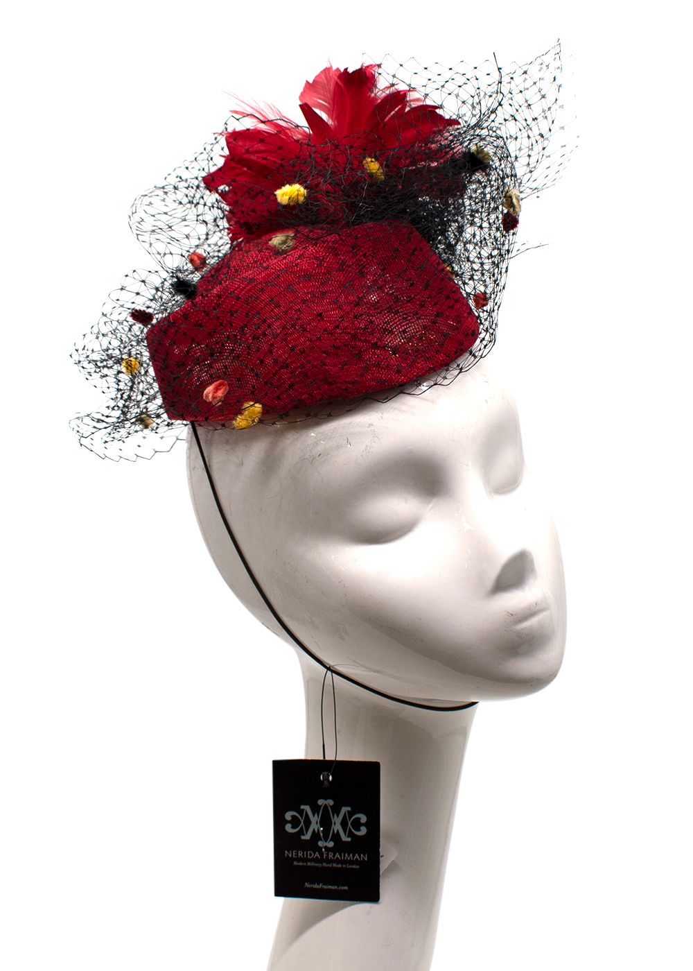 Nerida Fraiman Red Pillbox Hat with Black Embellished Veil polyester