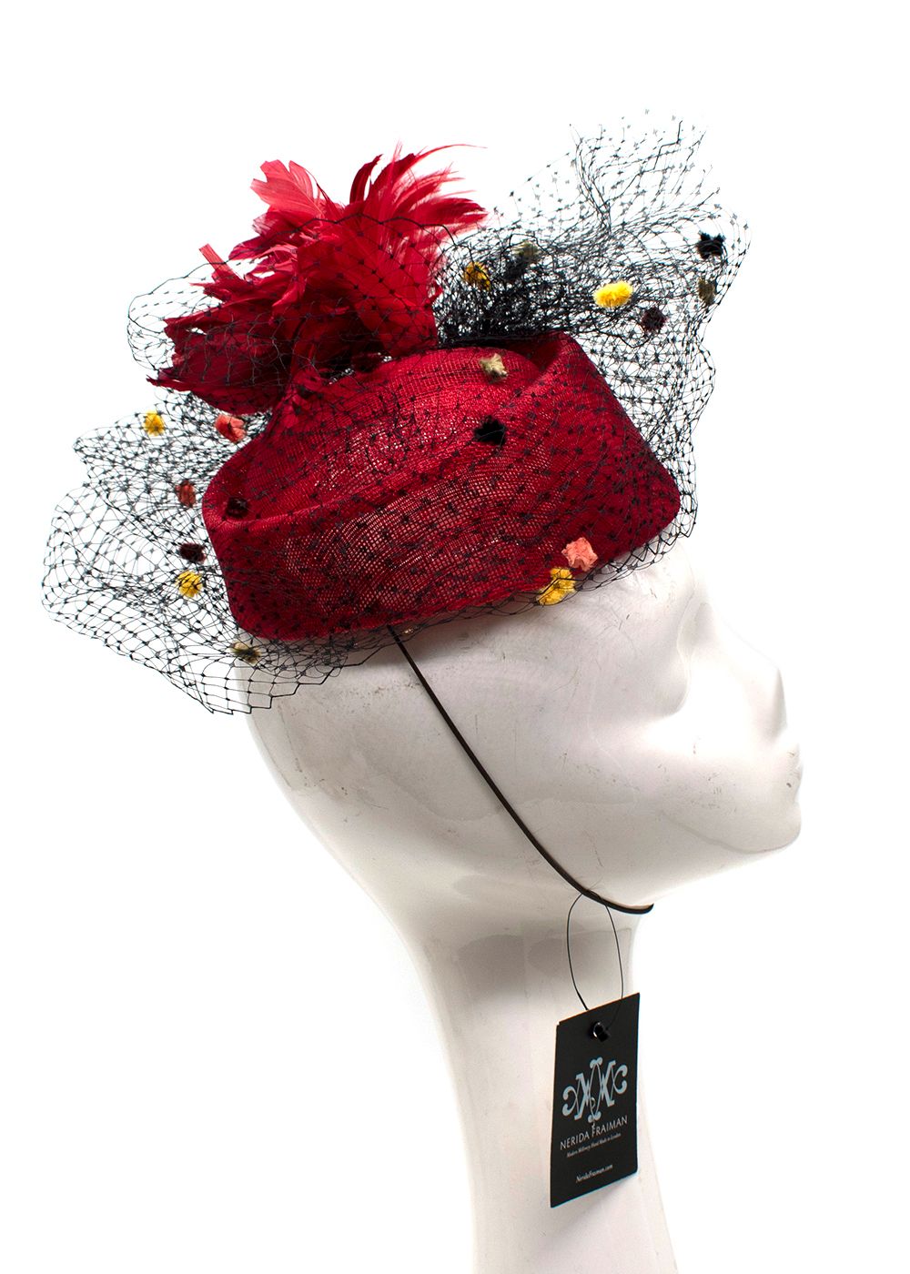 Nerida Fraiman Red Pillbox Hat with Black Embellished Veil polyester