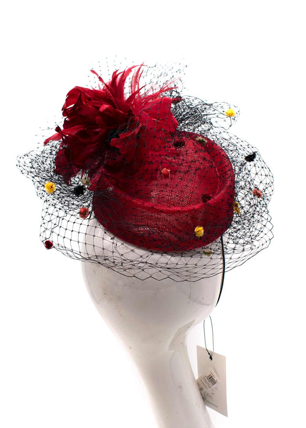 Nerida Fraiman Red Pillbox Hat with Black Embellished Veil polyester