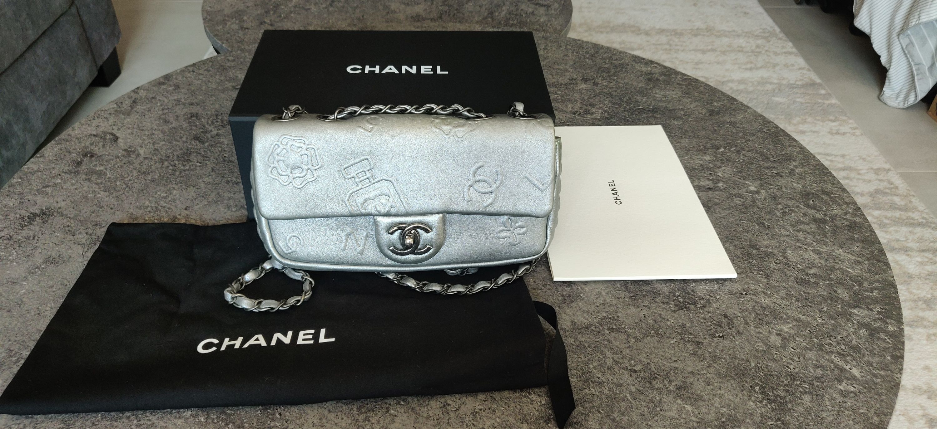 Chanel Silver Lucky Charms Embossed Mini Rectangular Single Flap Bag