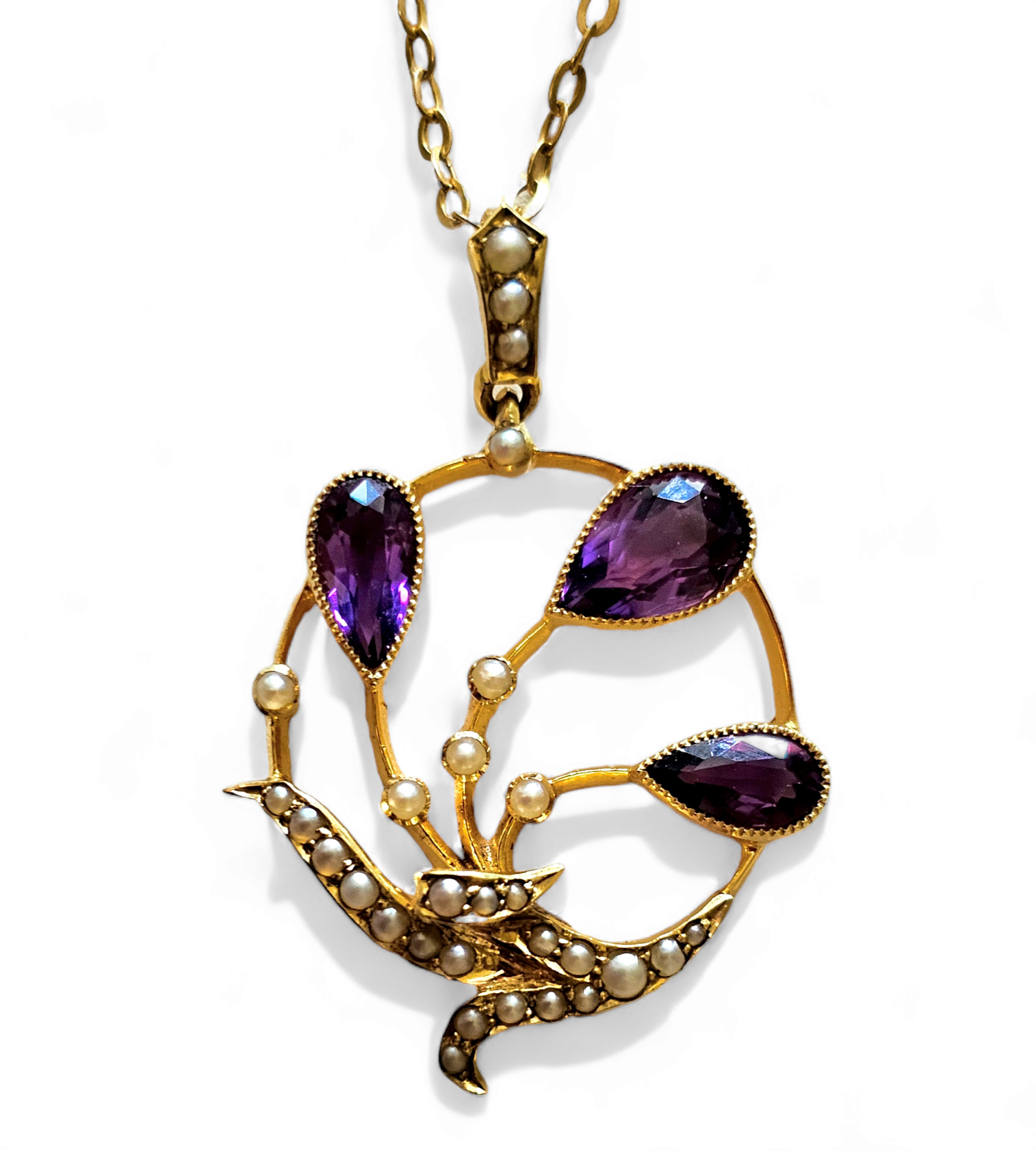 Preowned Bespoke Art Nouveau Pendant with  Amethyst and Pearl Yellow gold ct gold