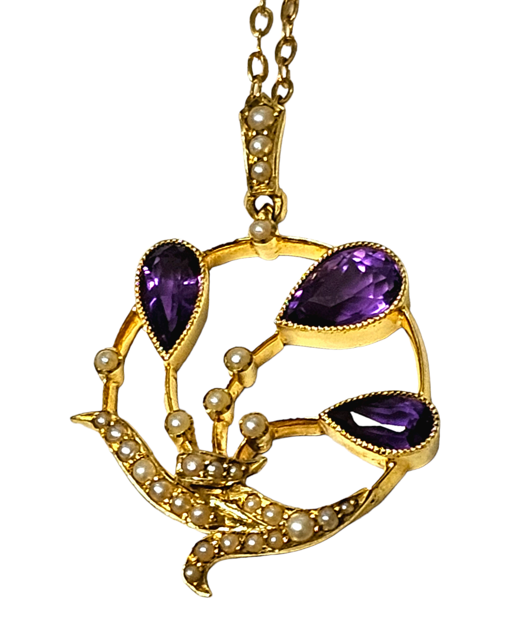 Preowned Bespoke Art Nouveau Pendant with  Amethyst and Pearl Yellow gold ct gold