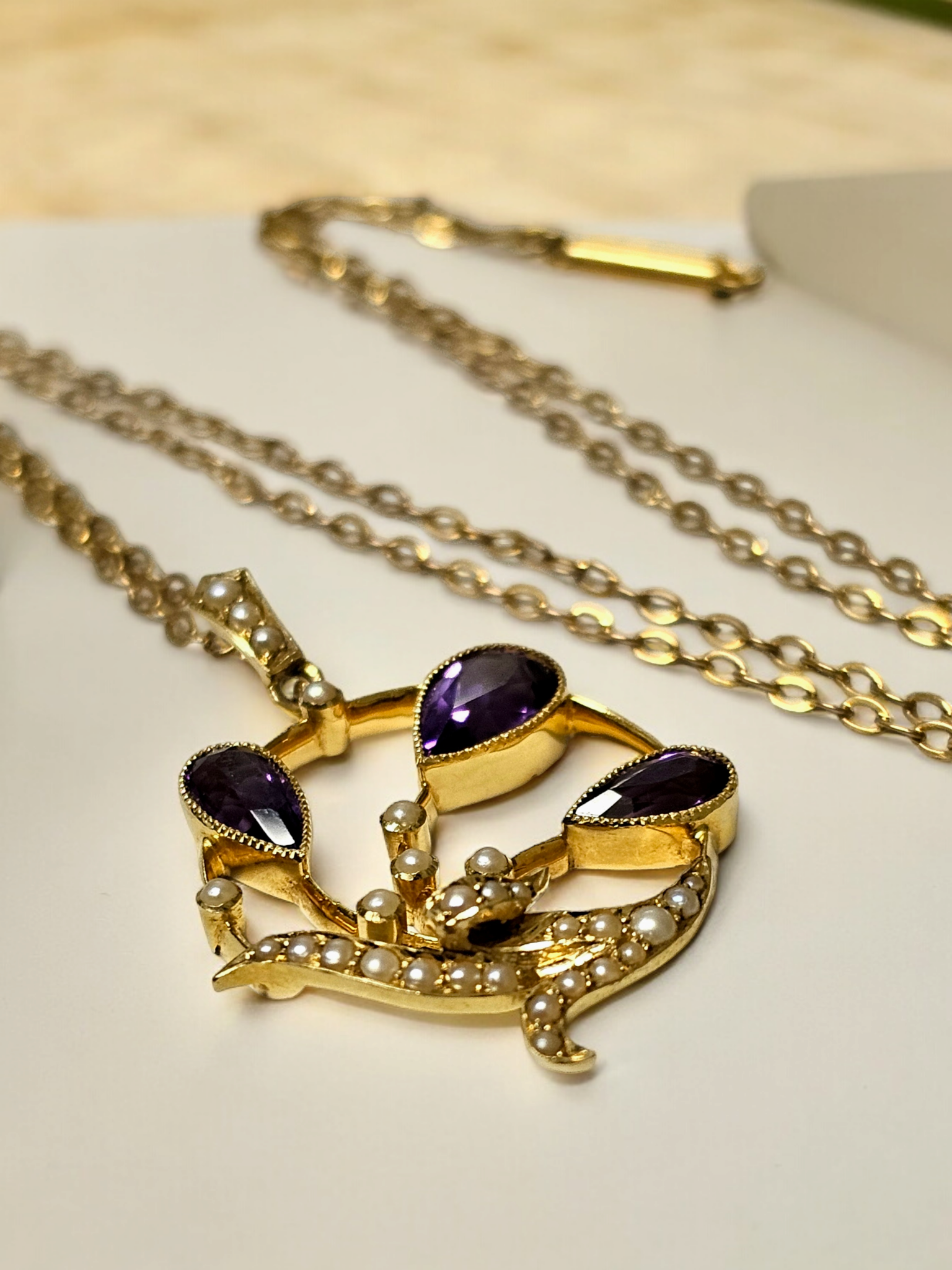 Preowned Bespoke Art Nouveau Pendant with  Amethyst and Pearl Yellow gold ct gold