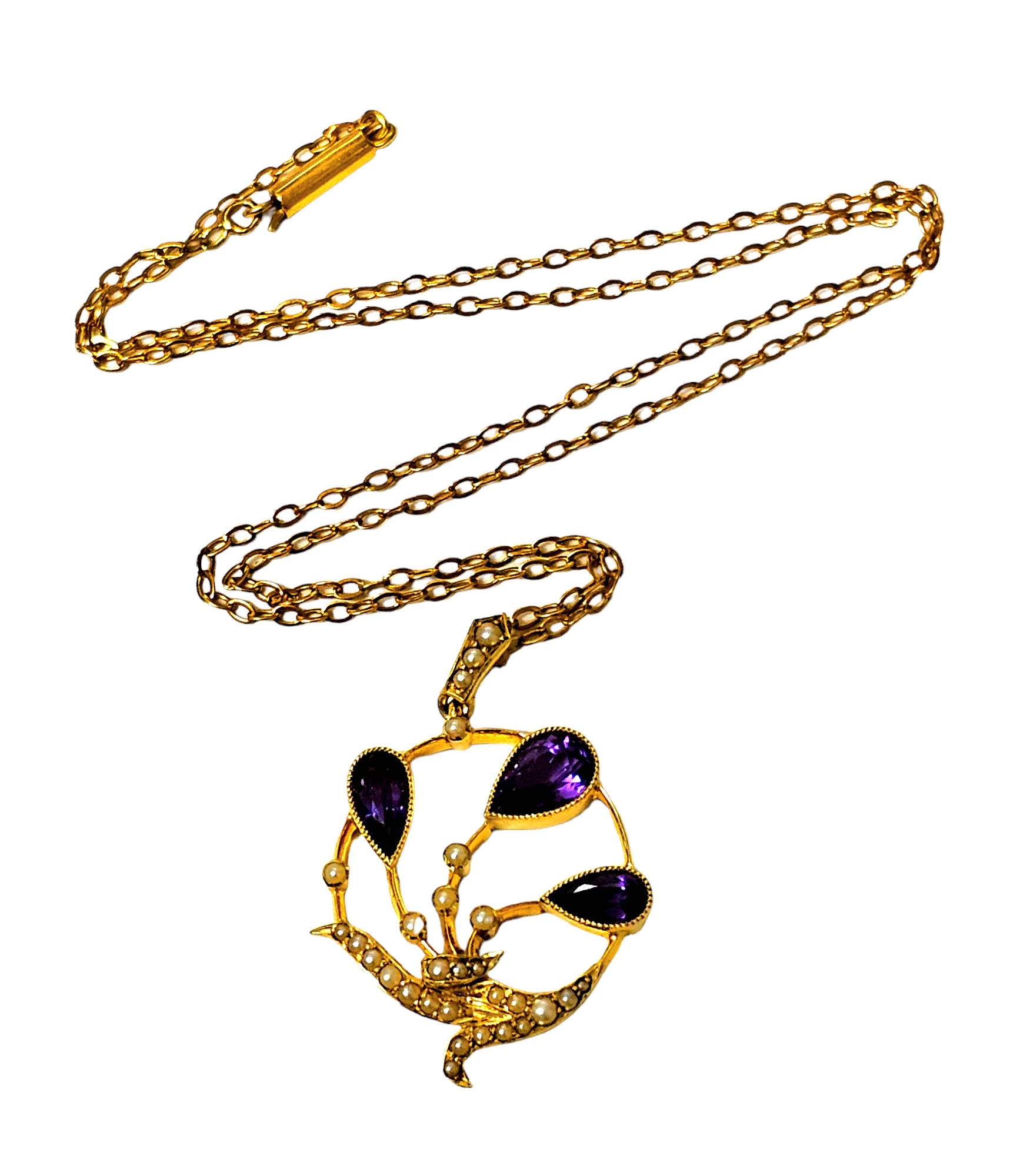 Preowned Bespoke Art Nouveau Pendant with  Amethyst and Pearl Yellow gold ct gold