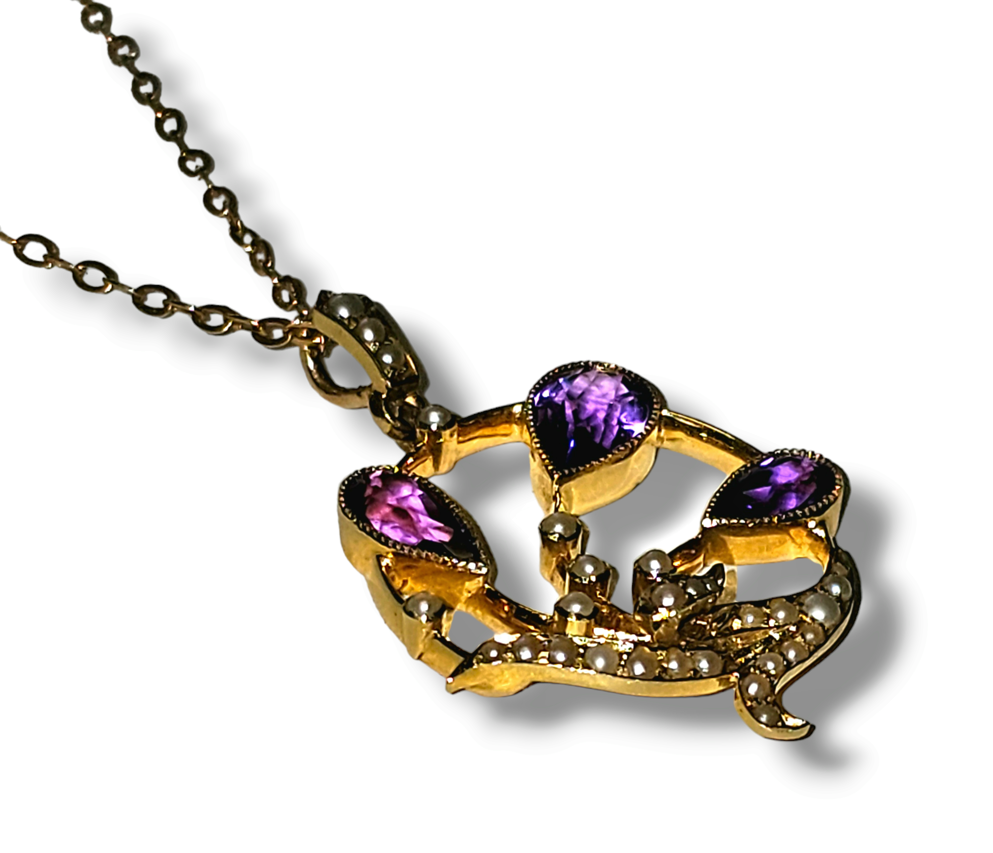 Preowned Bespoke Art Nouveau Pendant with  Amethyst and Pearl Yellow gold ct gold