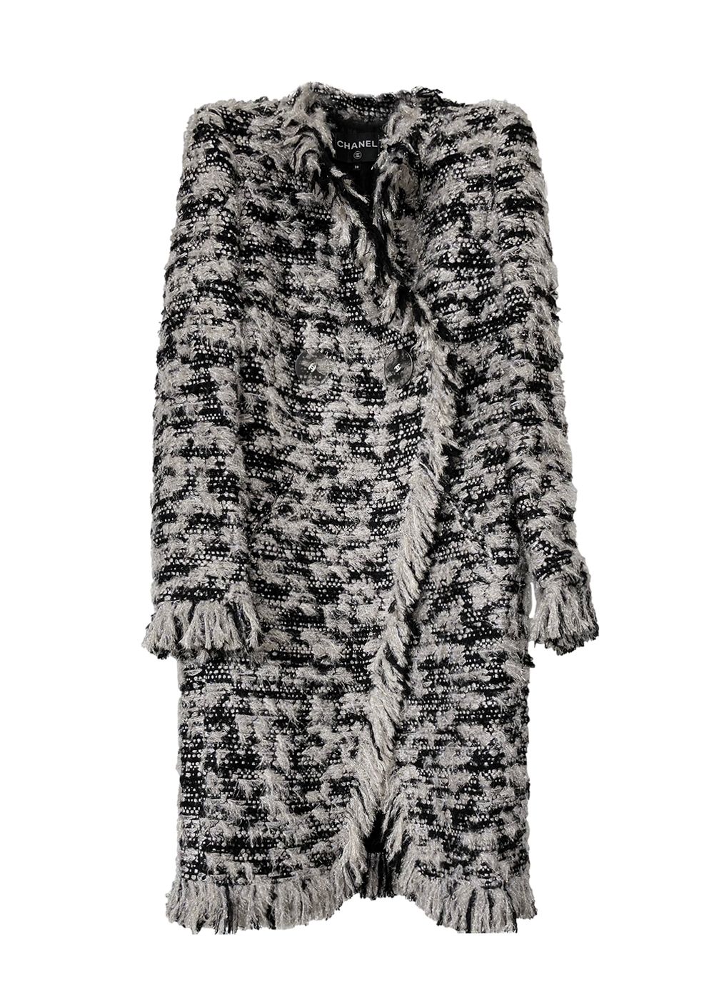 Preowned Chanel Black and White Fringe Tweed Longline Coat Size M multi twe