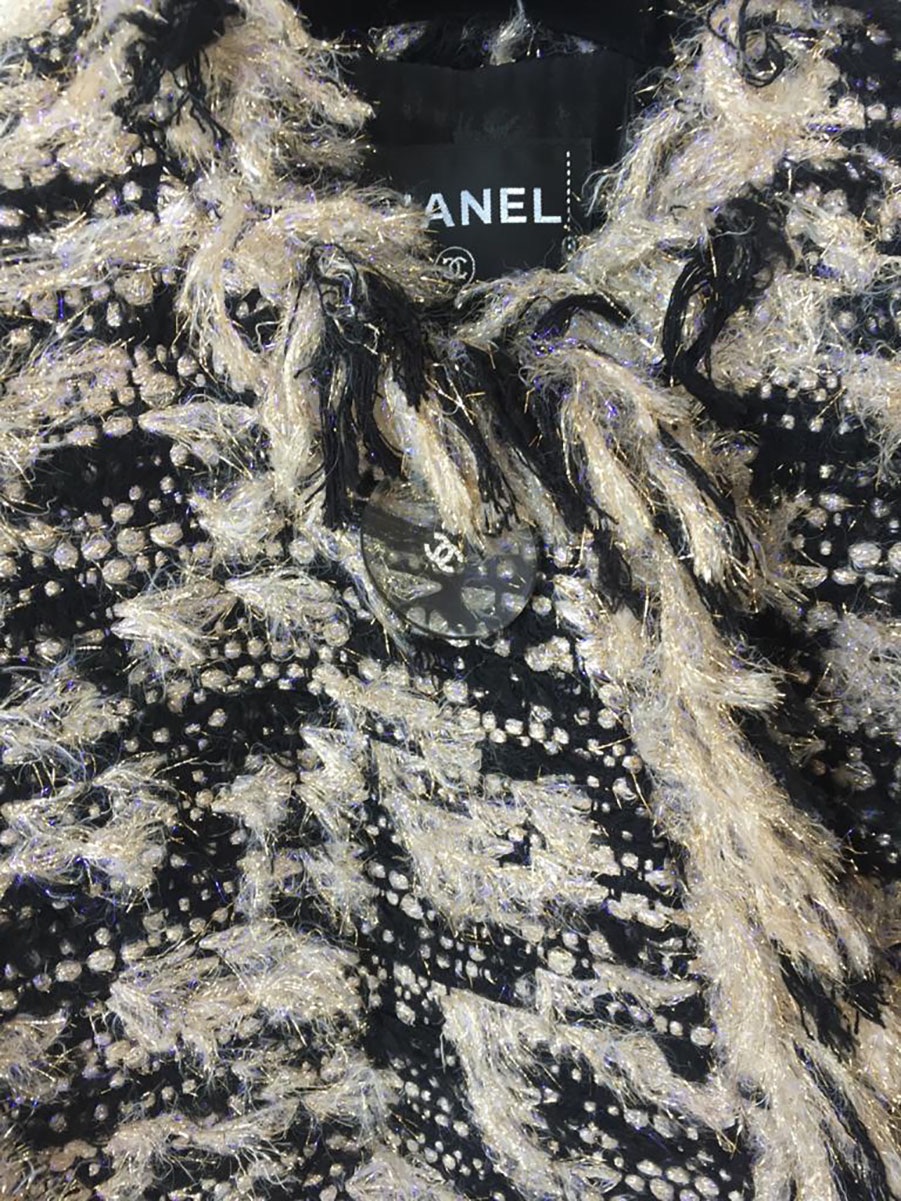 Preowned Chanel Black and White Fringe Tweed Longline Coat Size M multi twe