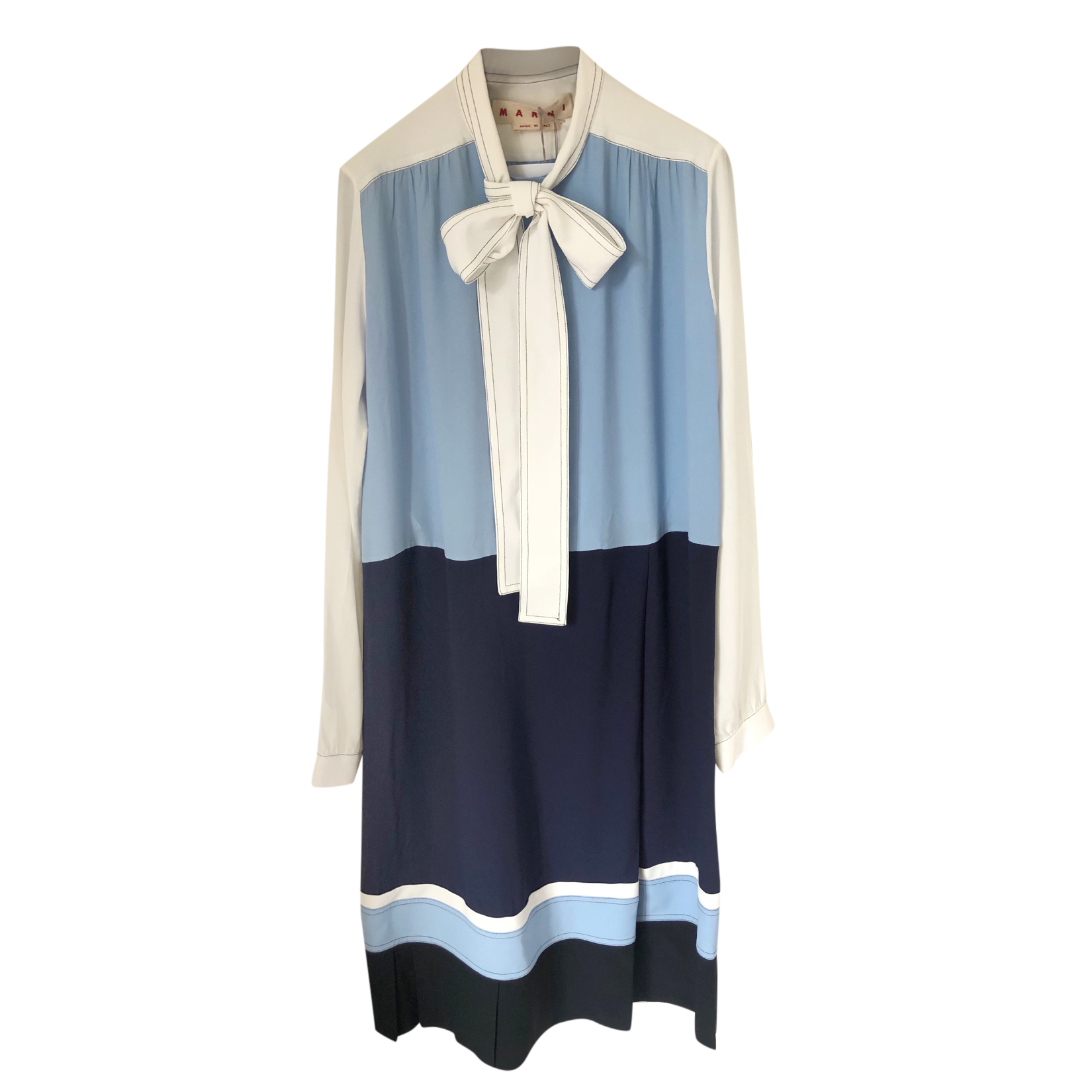 Marni Blue  White Colourblock Pussybow Dress Size XS silk