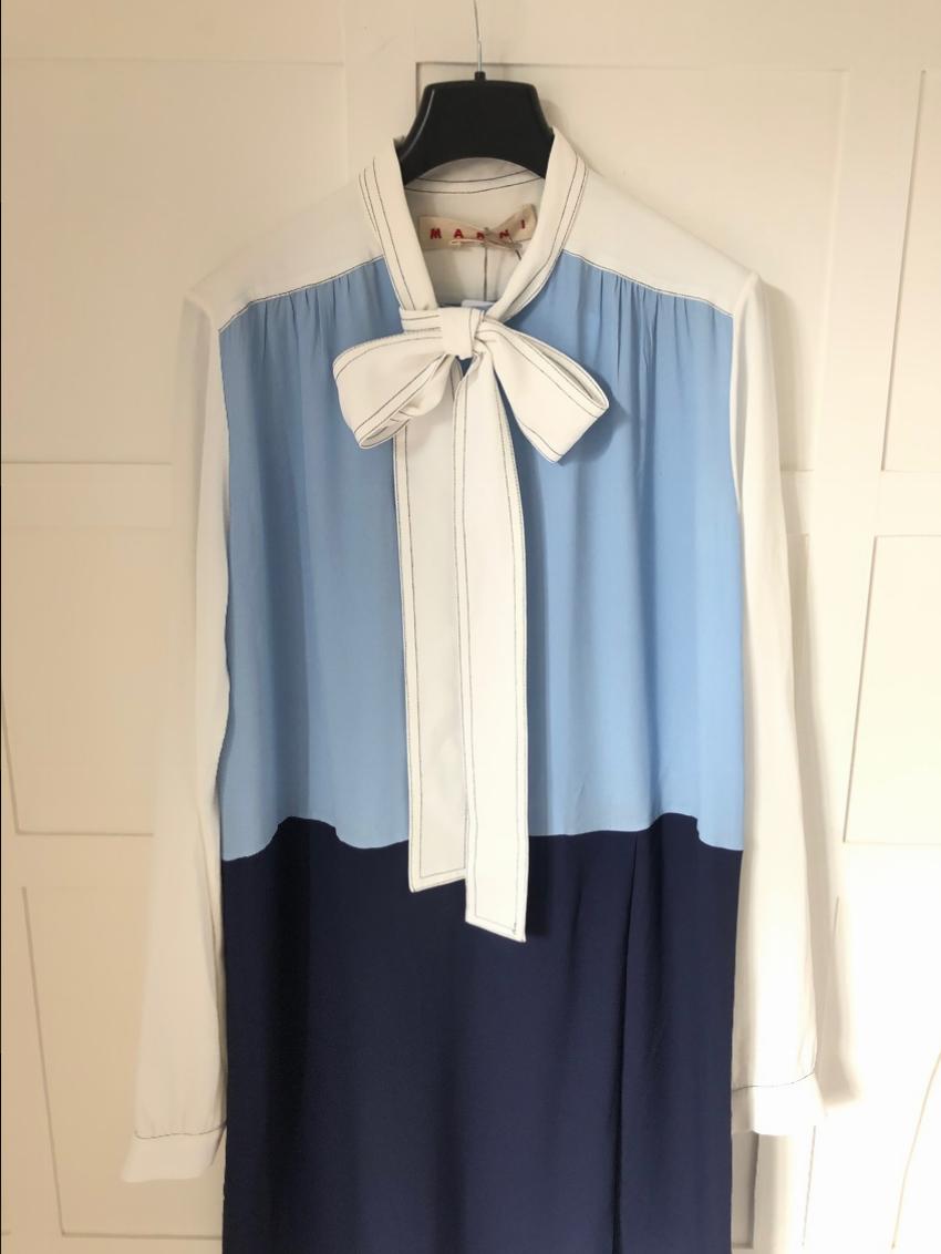 Marni Blue  White Colourblock Pussybow Dress Size XS silk