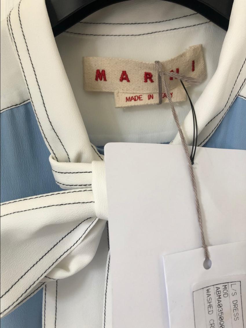 Marni Blue  White Colourblock Pussybow Dress Size XS silk