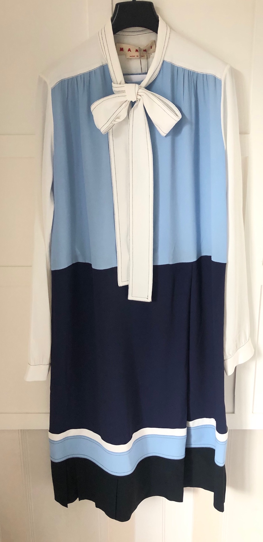 Marni Blue  White Colourblock Pussybow Dress Size XS silk