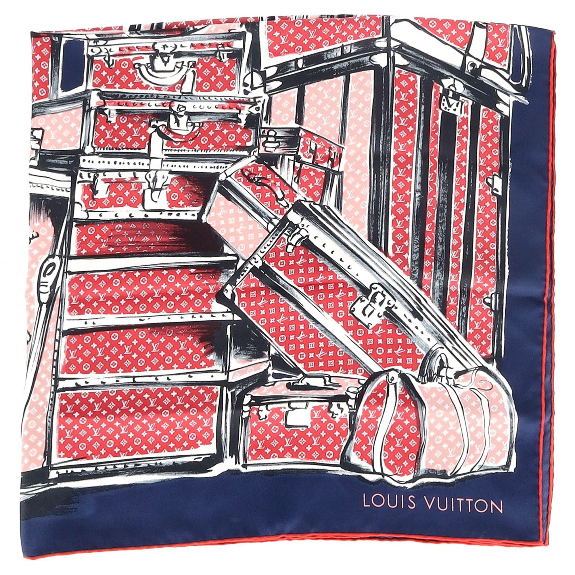 Preowned Louis Vuitton Red Trunks Silk Scarf red print