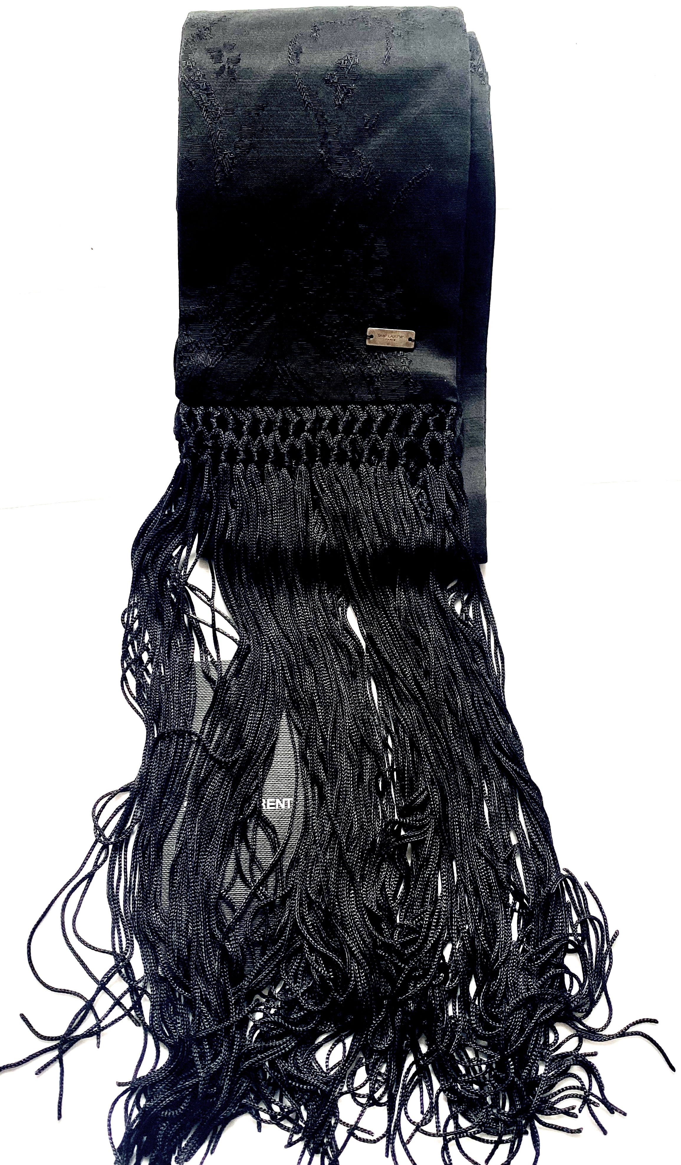 Saint Laurent Black Jacquard Fringed Scarf acetato/wool/viscose