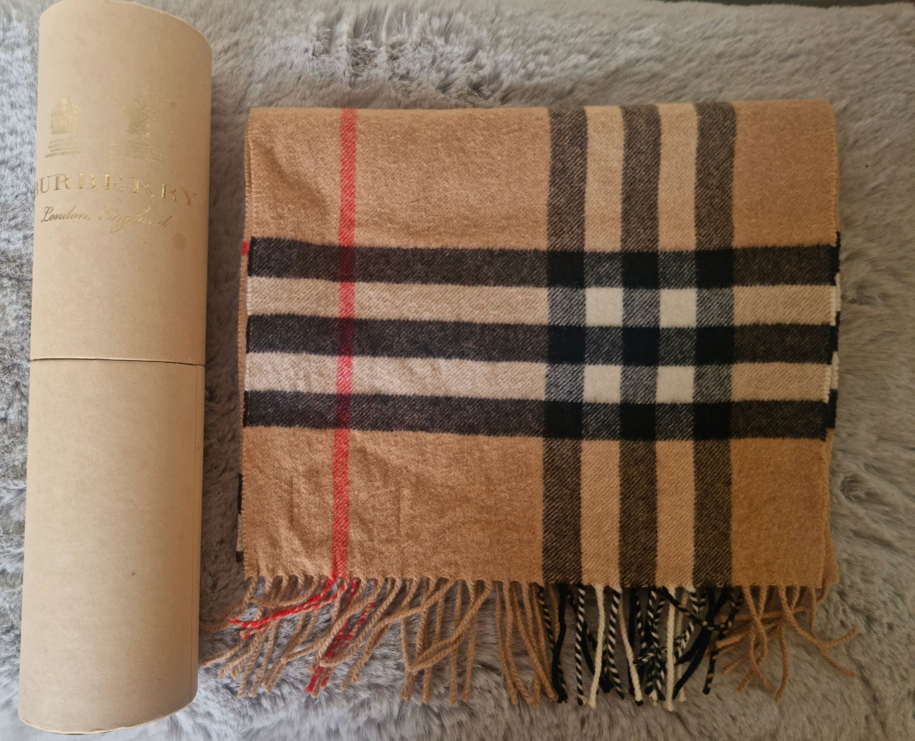 Men's Preowned Burberry Check Cashmere Scarf Archive beige