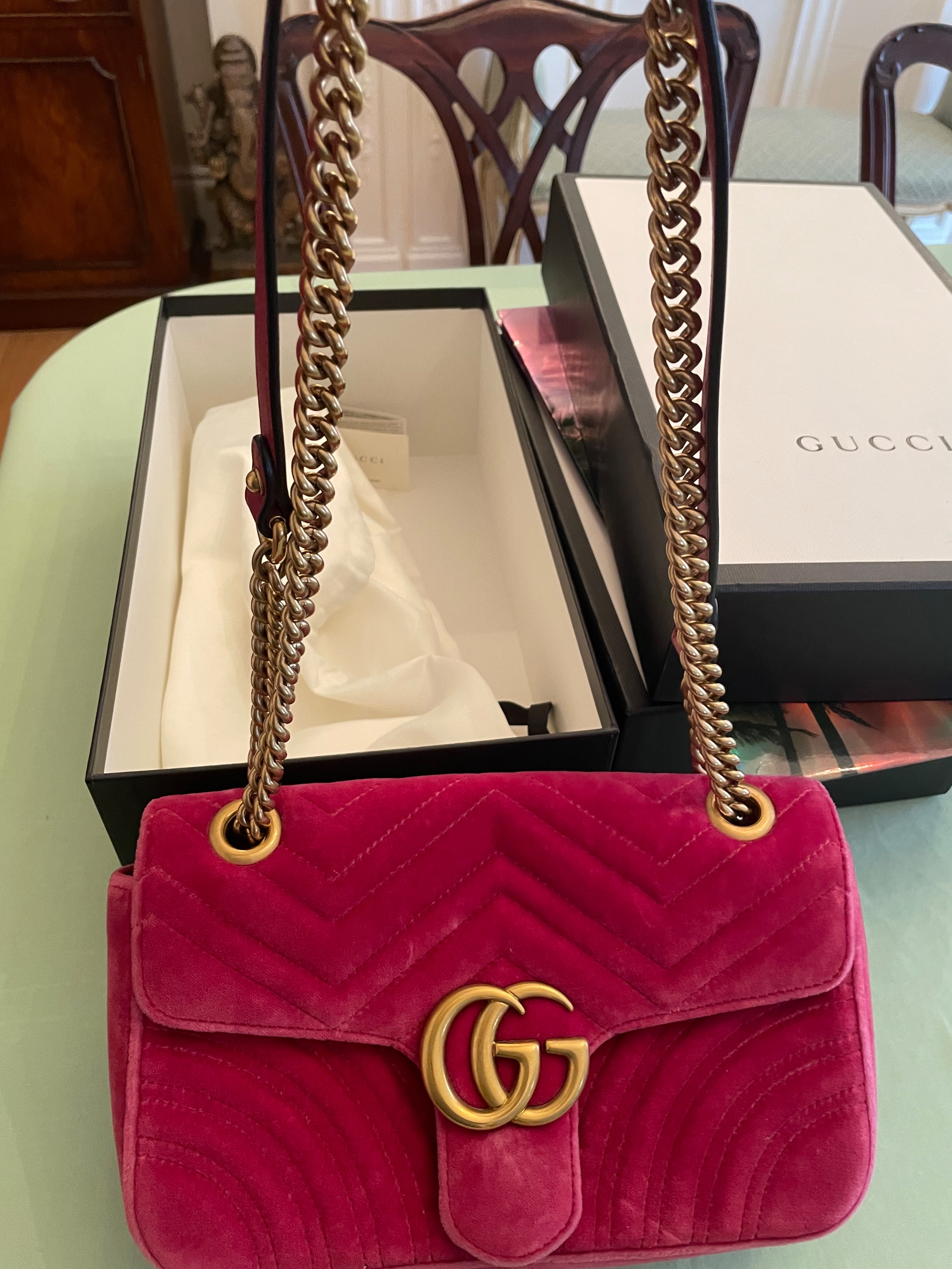 Preowned Gucci Pink Velvet Marmont Shoulder Bag