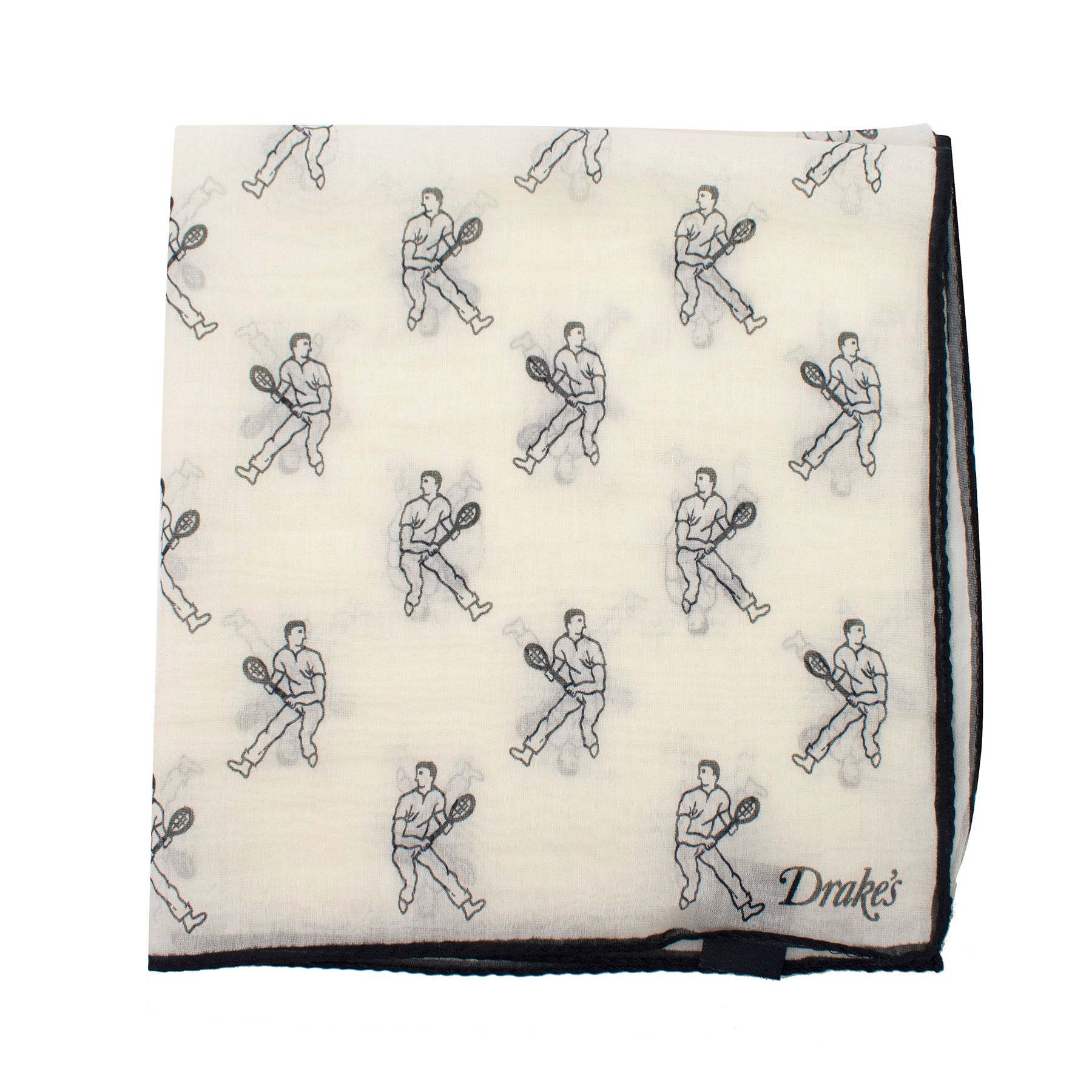 Men's Drake's Tennis Player Print Cotton and Silk Pocketsquare Beige and Black