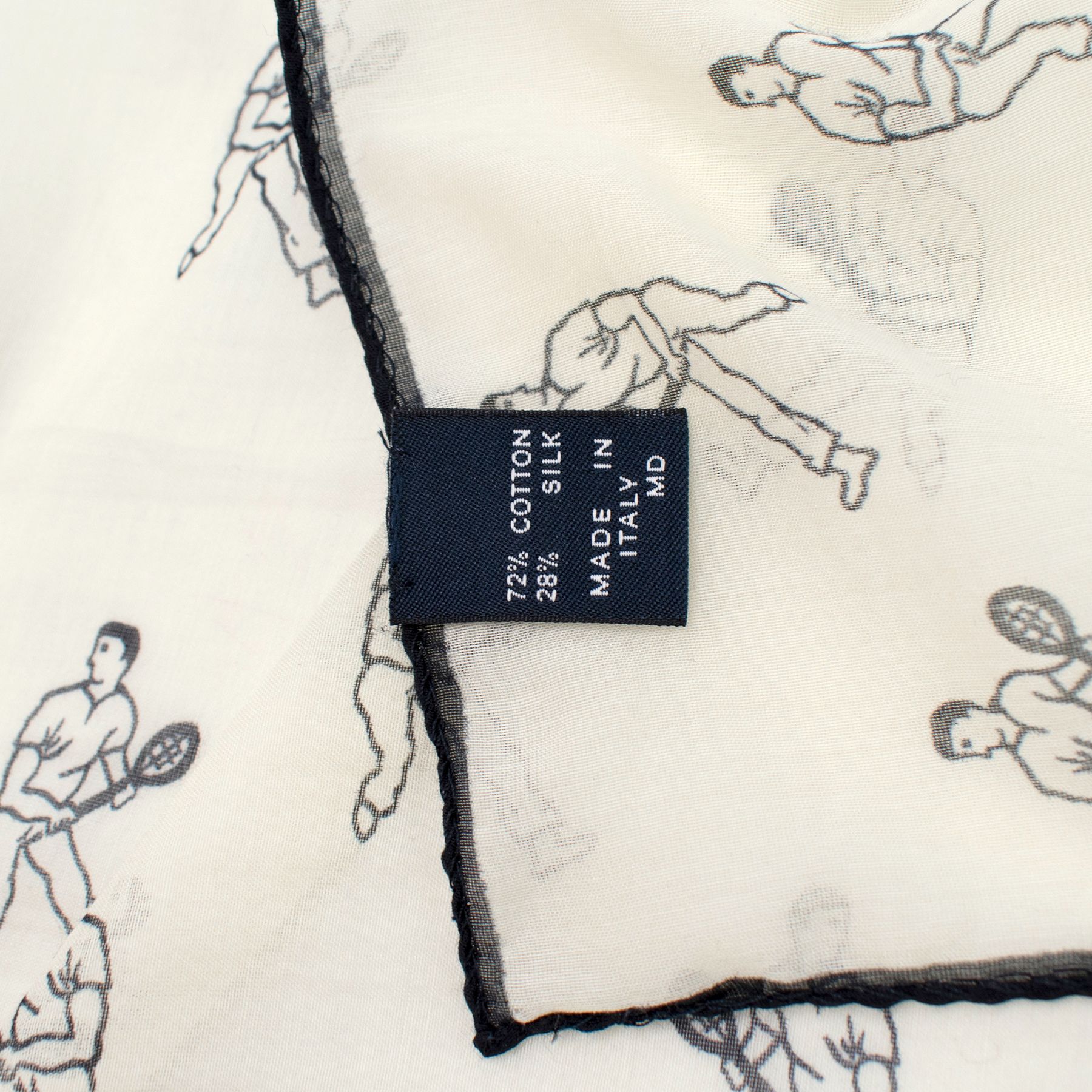 Men's Drake's Tennis Player Print Cotton and Silk Pocketsquare Beige and Black