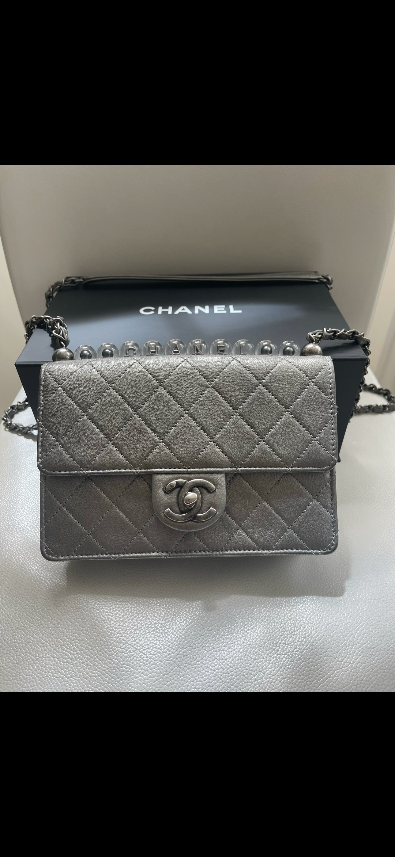 Chanel Metallic Silver Chic Pearls Single Flap Bag