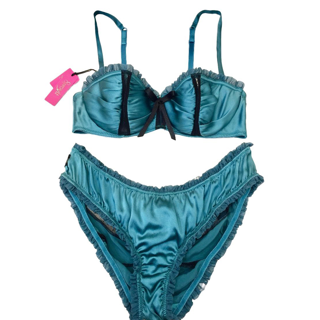 Spoyit Teal Silk Half Cup Bra  Brief Set Size L Blue