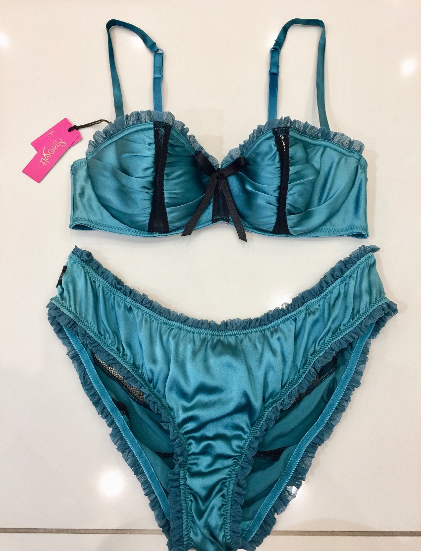 Spoyit Teal Silk Half Cup Bra  Brief Set Size L Blue