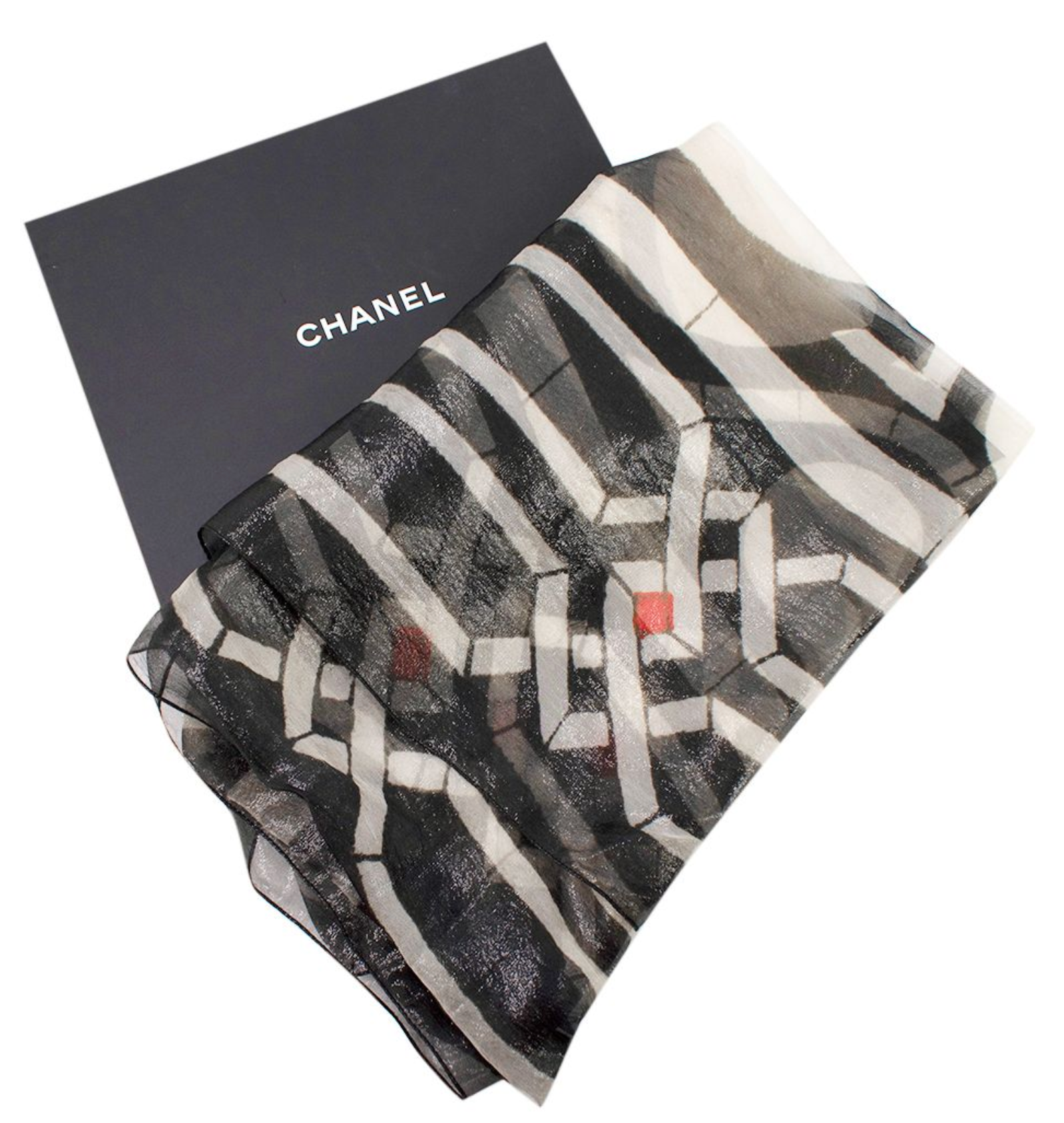 Chanel Sheer Black  Grey Metallic Scarf silk