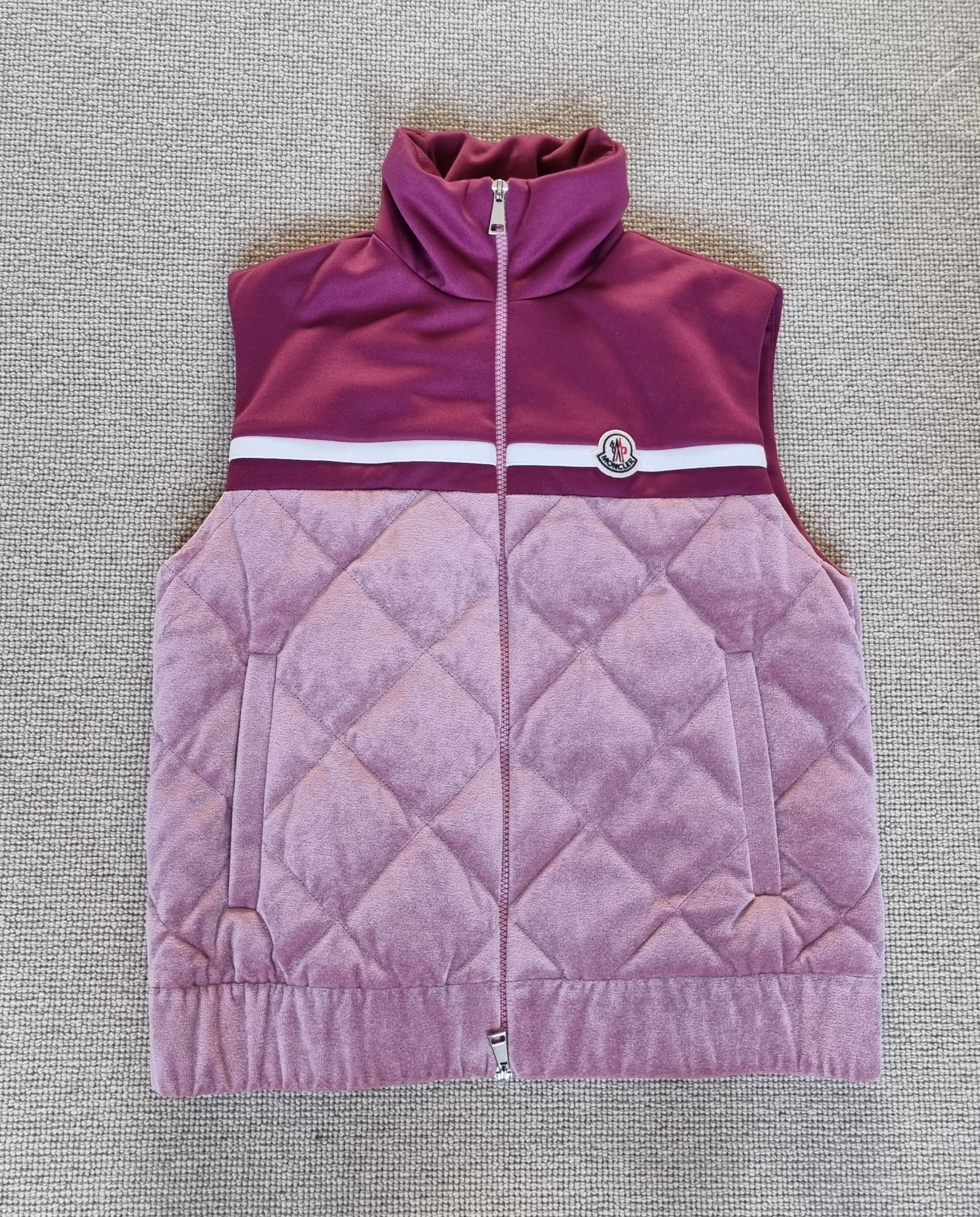 Moncler Pink Velvet Quilted Zip Up Vest Size XS