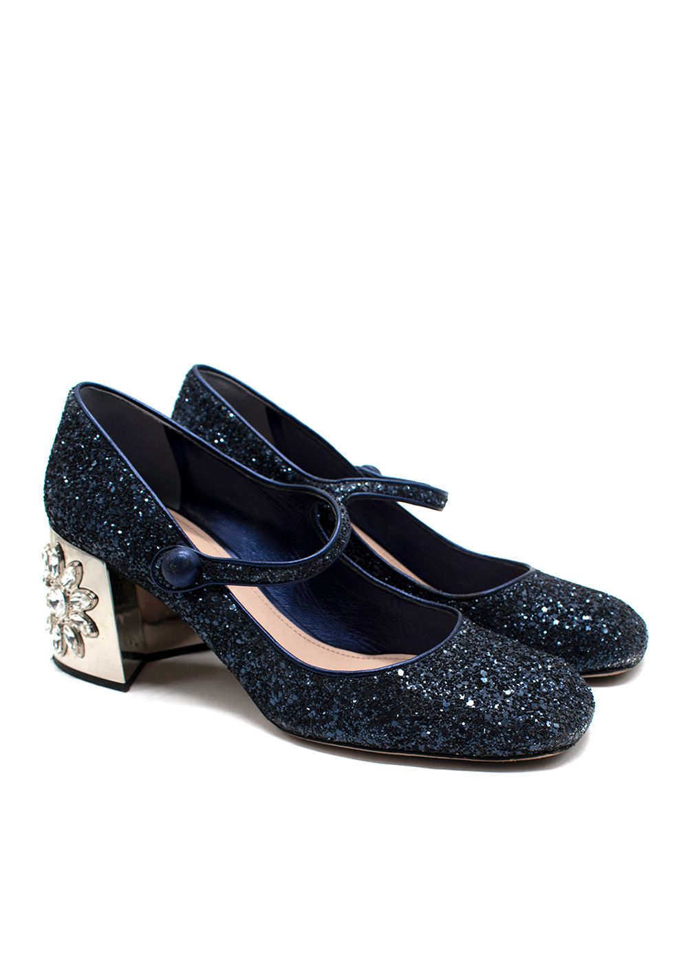 Preowned Miu Miu Navy Glitter Embellished  Heel Mary Jane Pump Size 385 Navy / silver leather