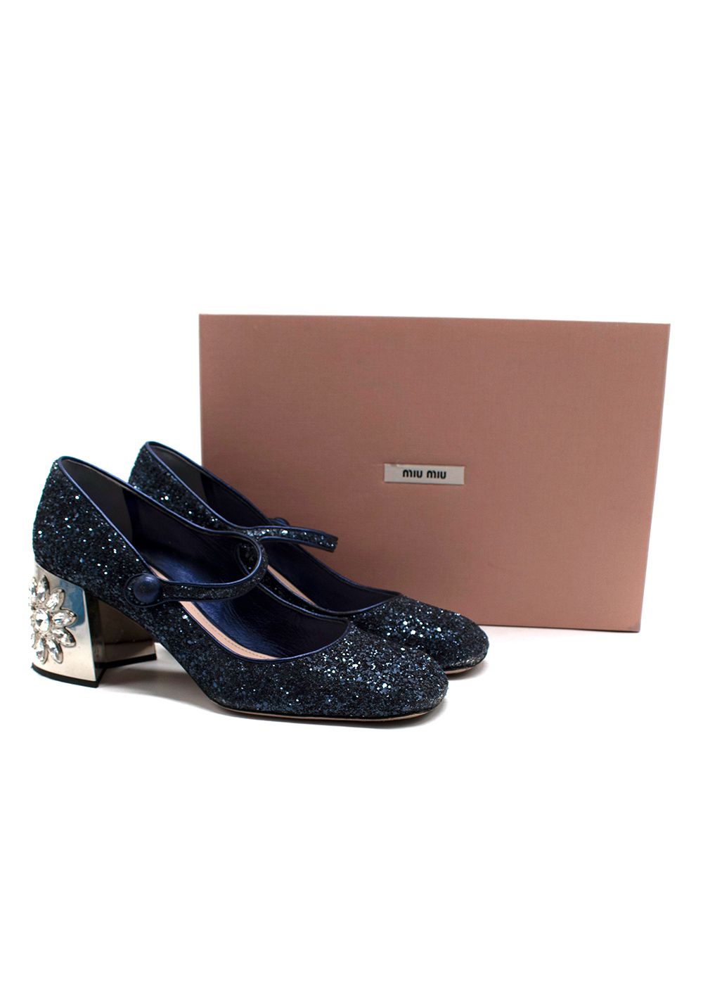 Preowned Miu Miu Navy Glitter Embellished  Heel Mary Jane Pump Size 385 Navy / silver leather