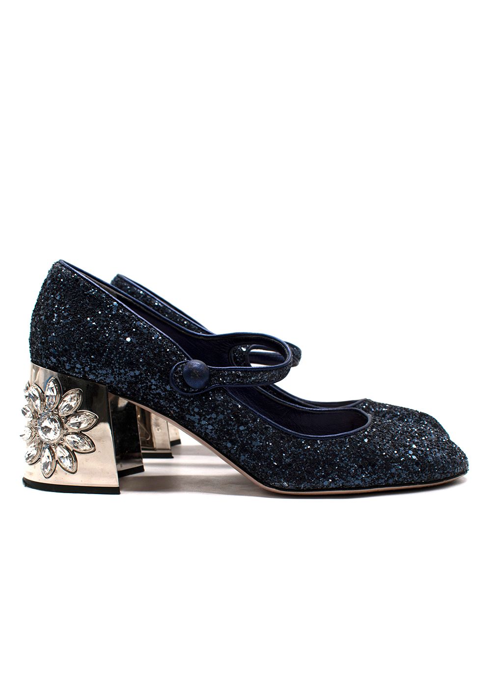 Preowned Miu Miu Navy Glitter Embellished  Heel Mary Jane Pump Size 385 Navy / silver leather