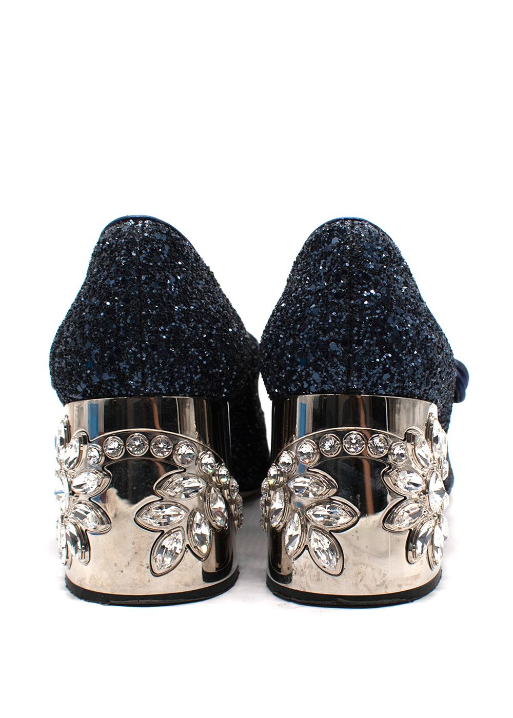 Preowned Miu Miu Navy Glitter Embellished  Heel Mary Jane Pump Size 385 Navy / silver leather