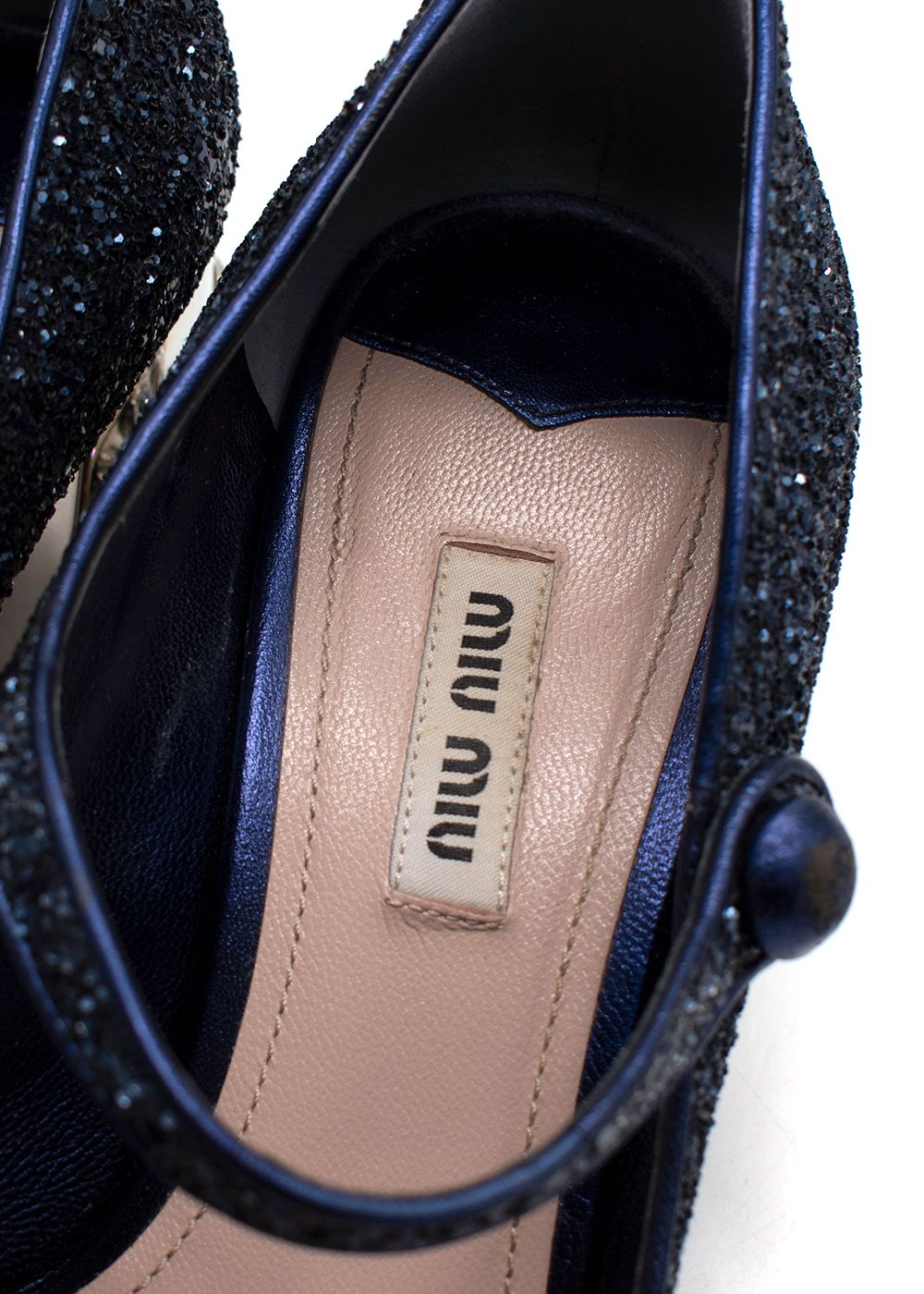 Preowned Miu Miu Navy Glitter Embellished  Heel Mary Jane Pump Size 385 Navy / silver leather