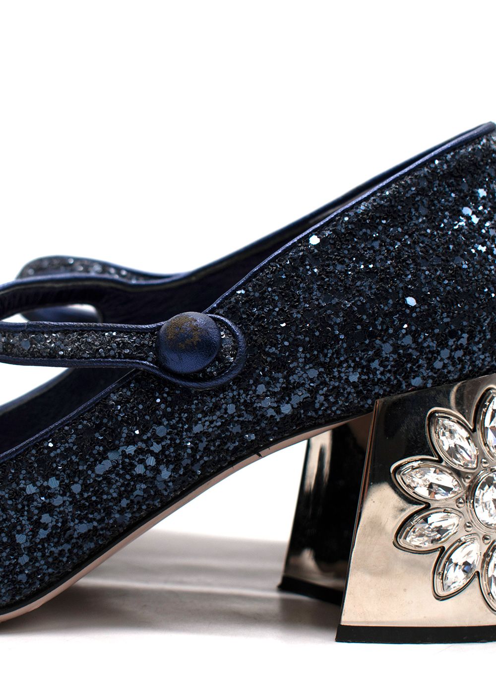 Preowned Miu Miu Navy Glitter Embellished  Heel Mary Jane Pump Size 385 Navy / silver leather