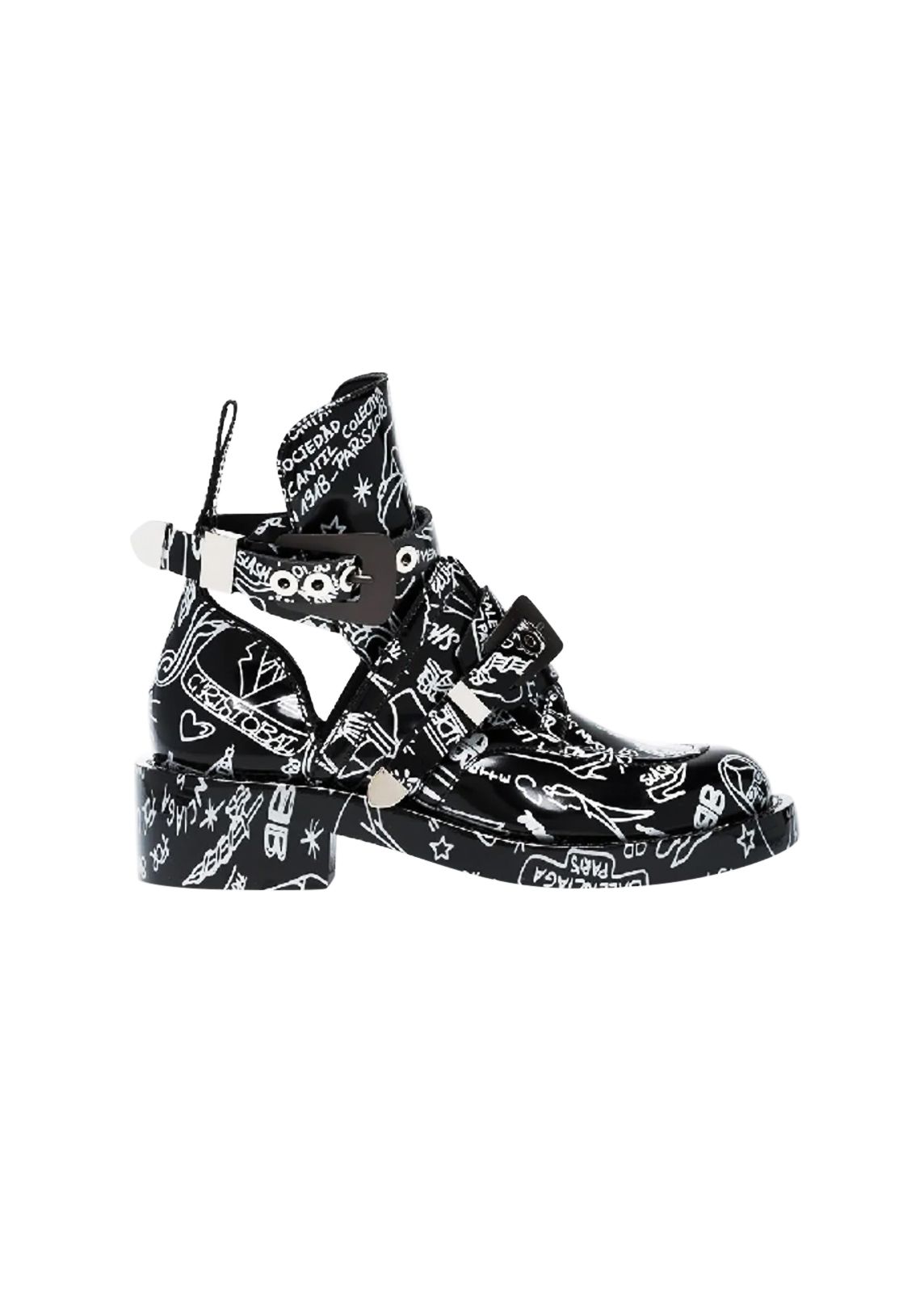 Preowned Balenciaga Graffiti Buckled Cutout Platform Boots Size 39 Black leather