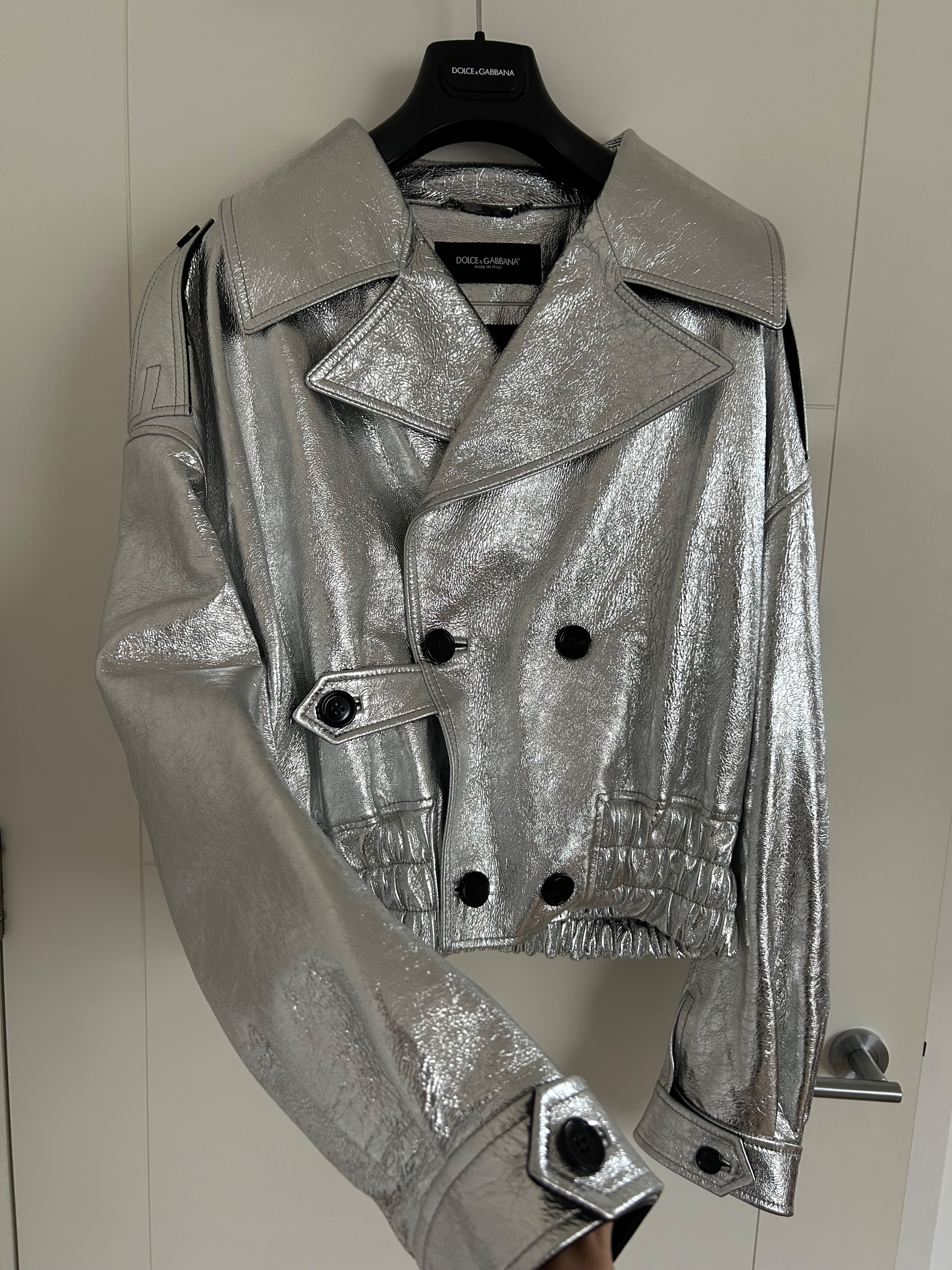 Men's Dolce  Gabbana Silver Leather Biker Jacket Size M