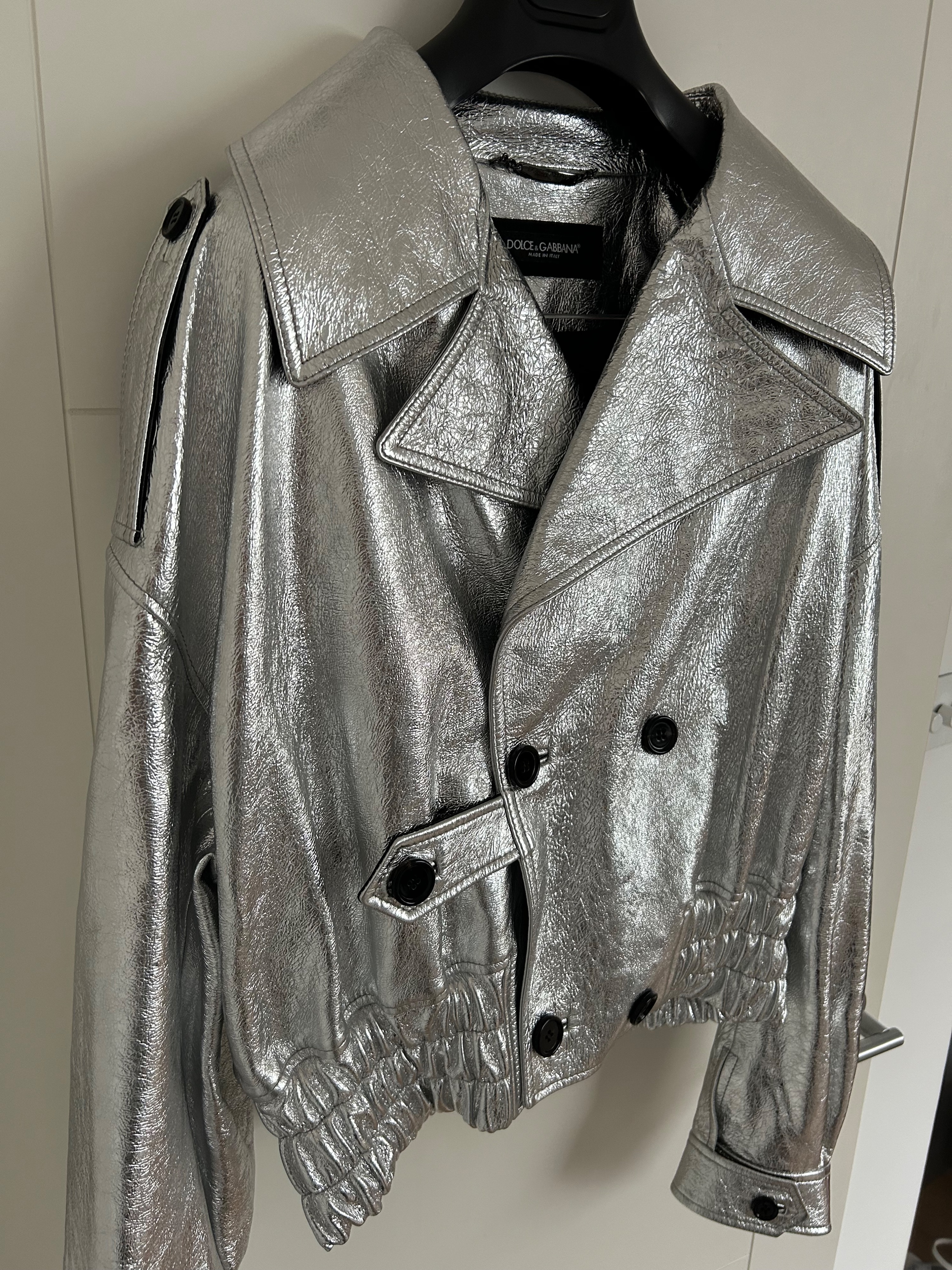 Men's Dolce  Gabbana Silver Leather Biker Jacket Size M