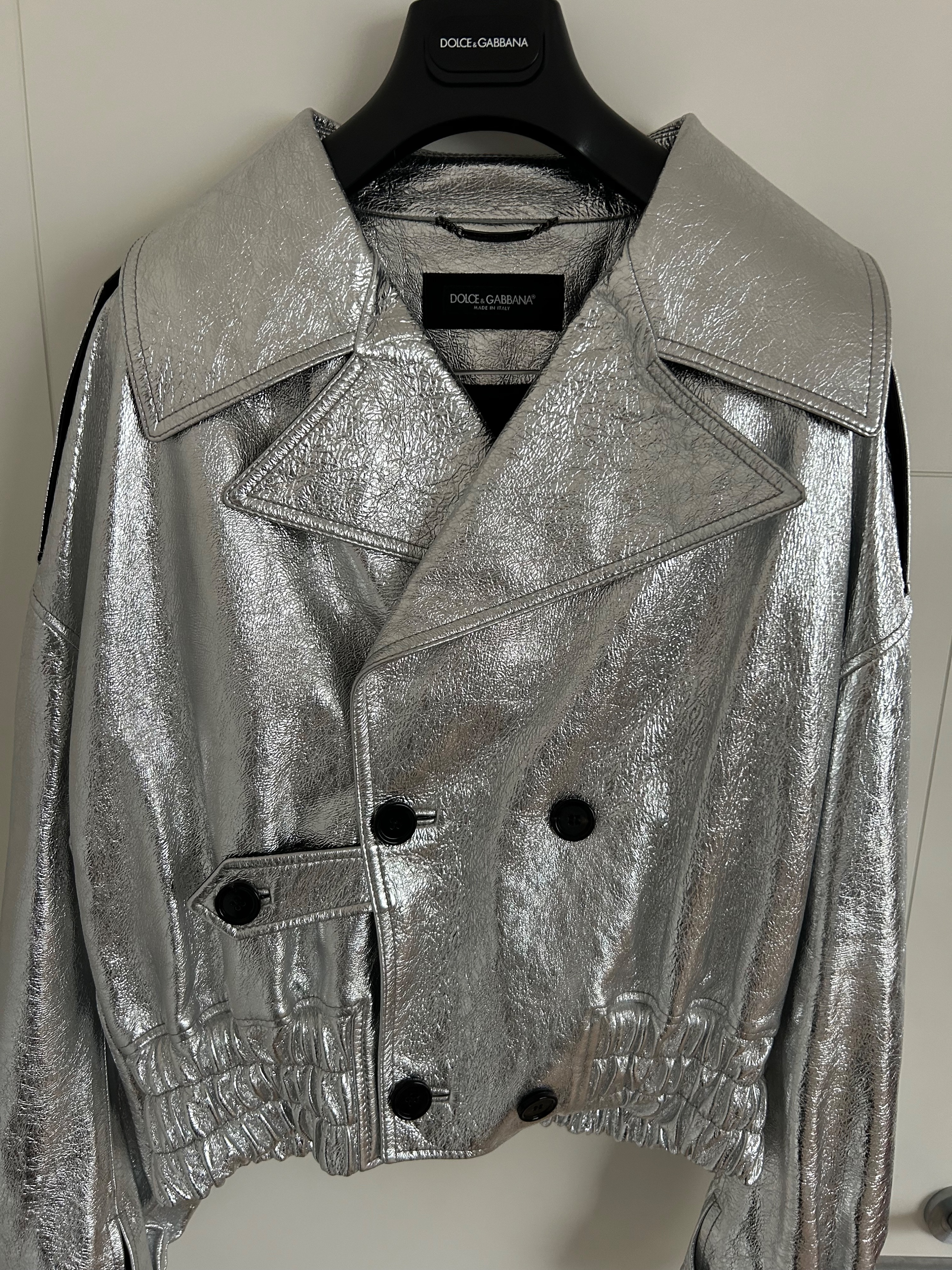 Men's Dolce  Gabbana Silver Leather Biker Jacket Size M