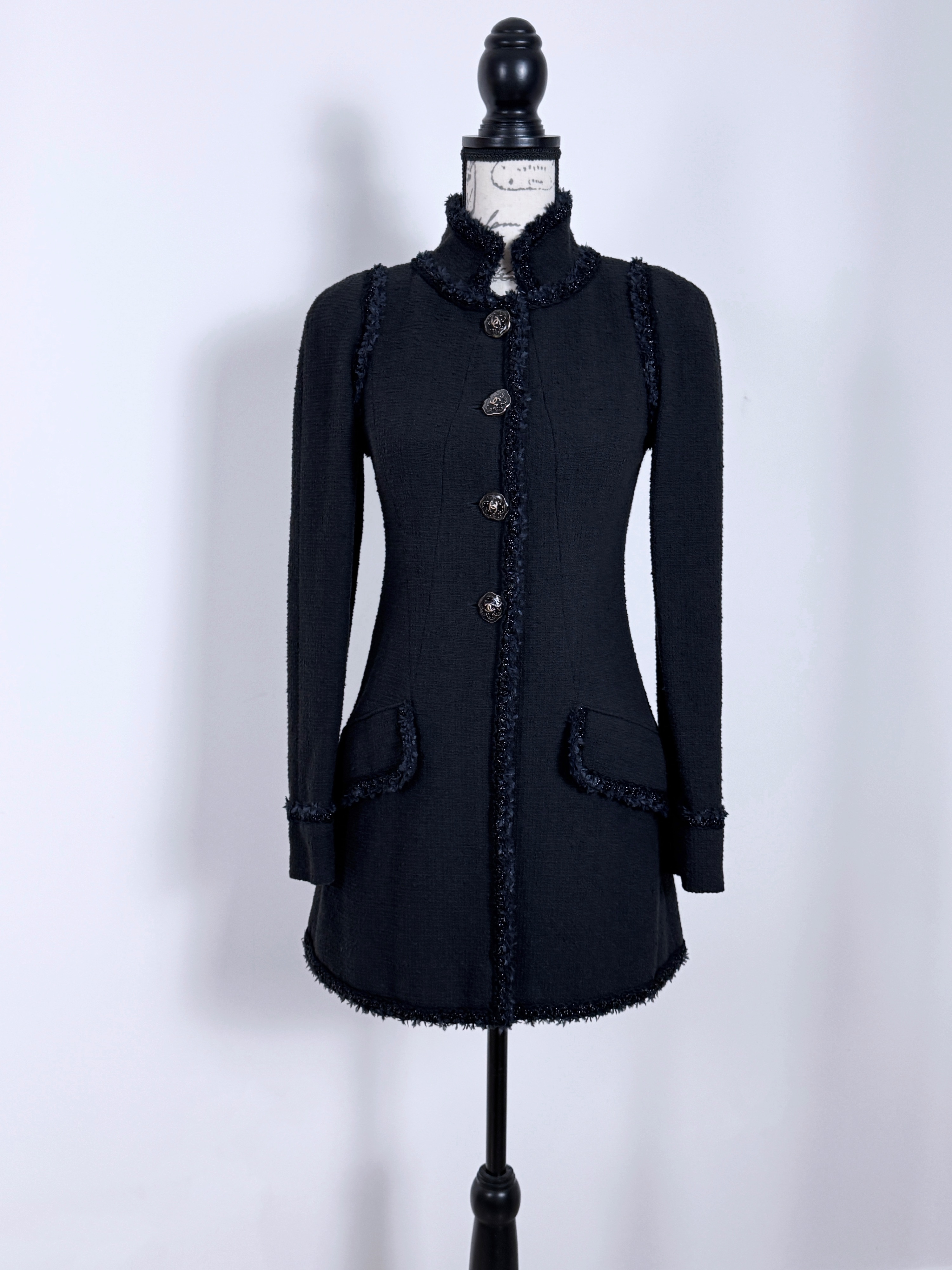 Chanel Black Single Breasted Longline Jacket Size S tweed