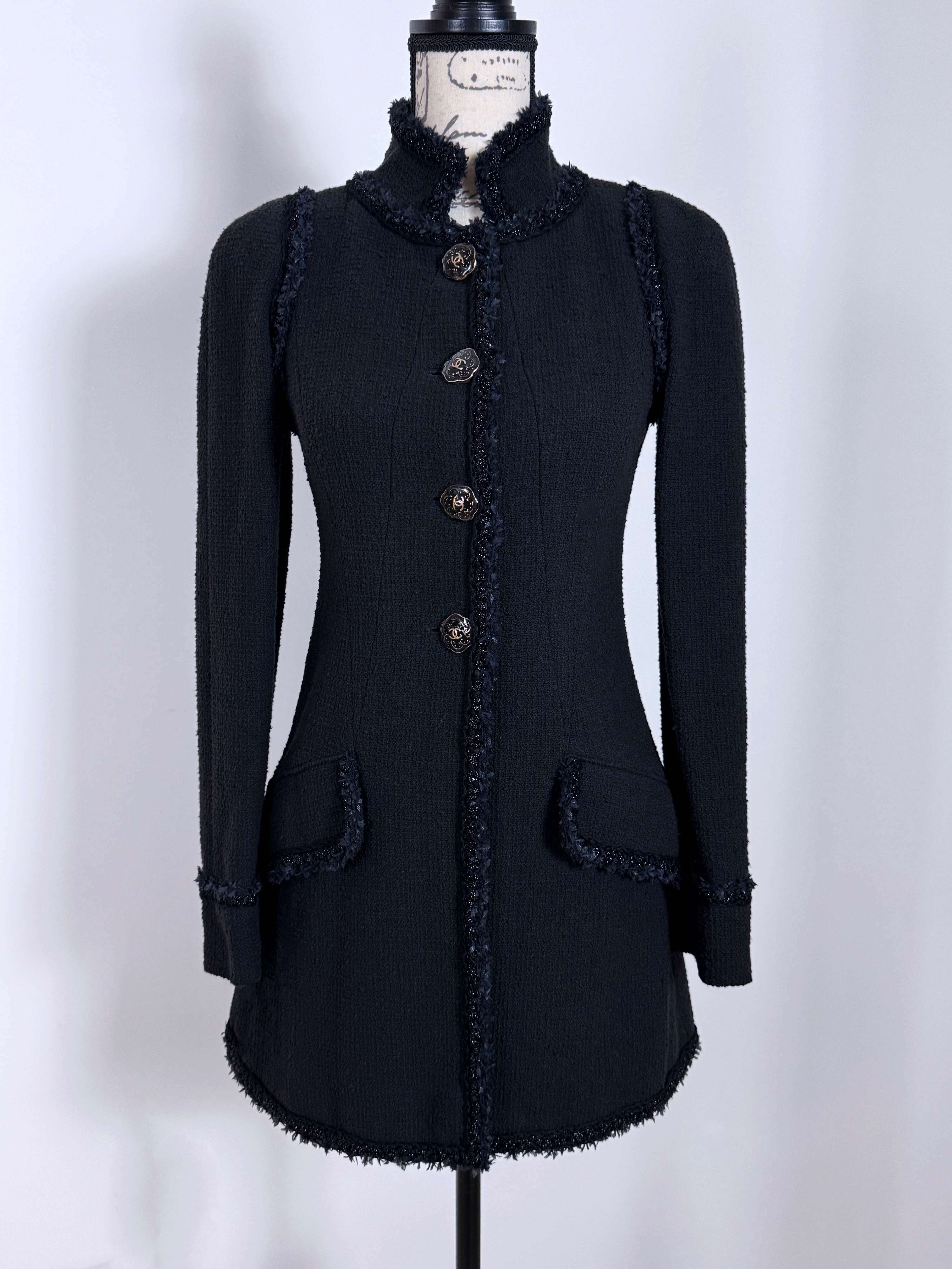 Chanel Black Single Breasted Longline Jacket Size S tweed