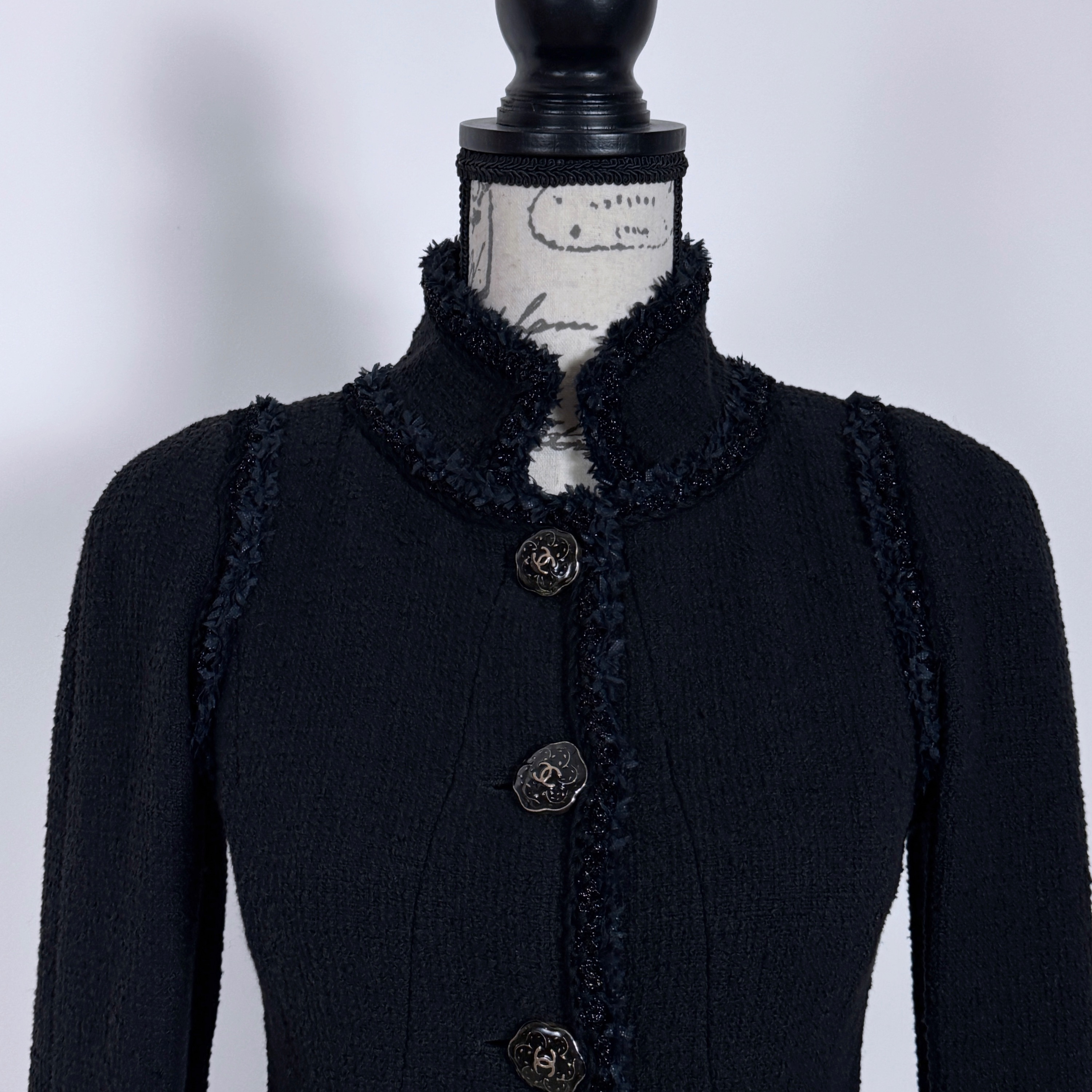 Chanel Black Single Breasted Longline Jacket Size S tweed