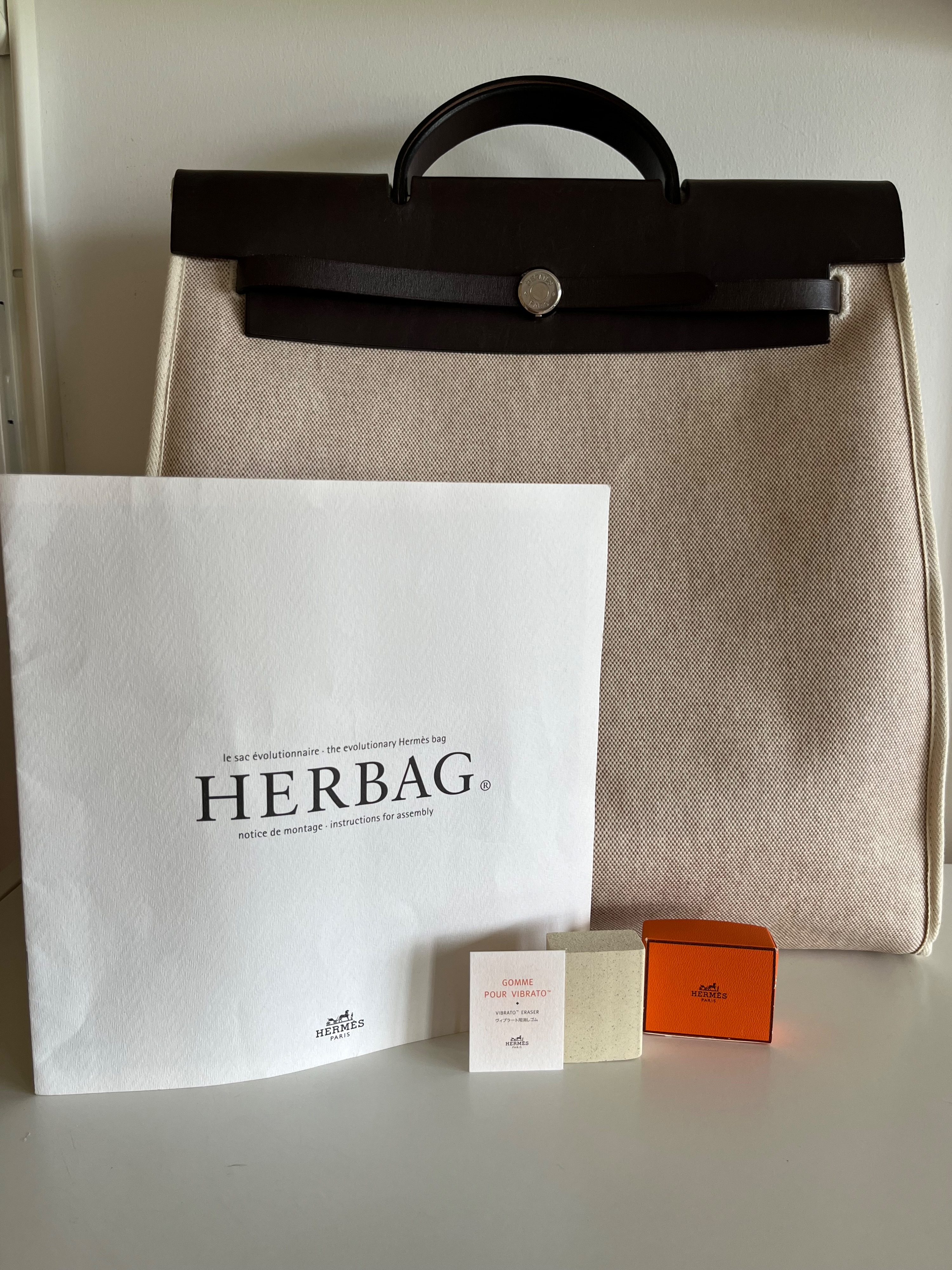 Preowned Hermes Beige Canvas Herbag Size M Brown cloth