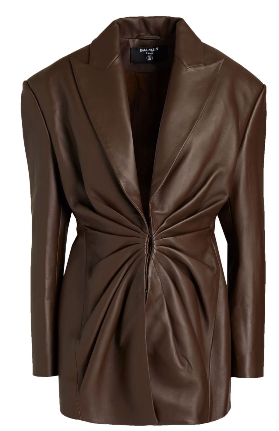 Balmain Brown Ruched Leather Blazer Size XS