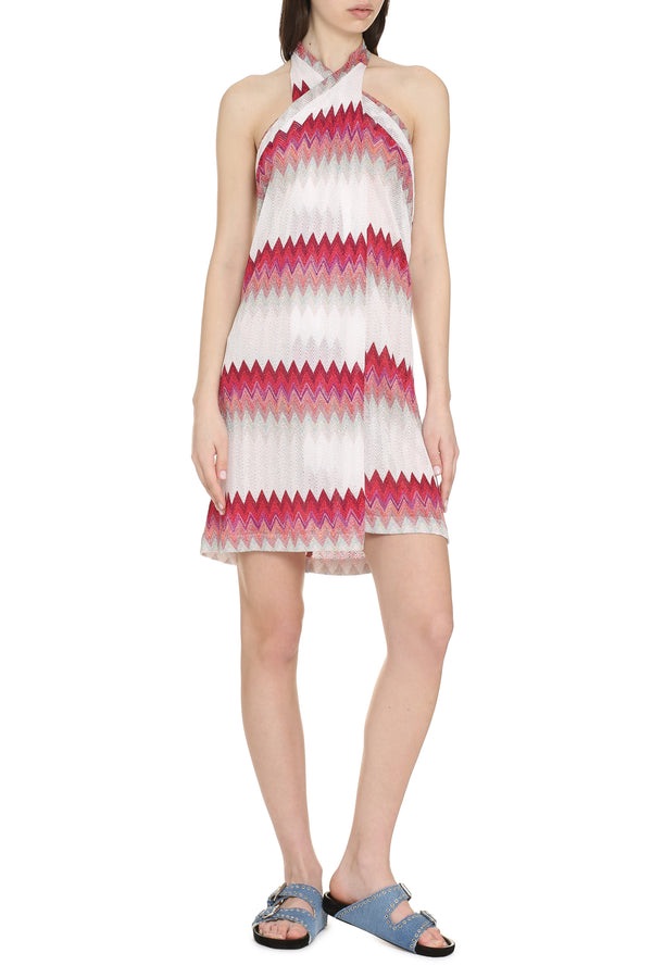 Preowned Missoni Multicoloured Zig Zag Halterneck Dress Size M White/Pink viscose