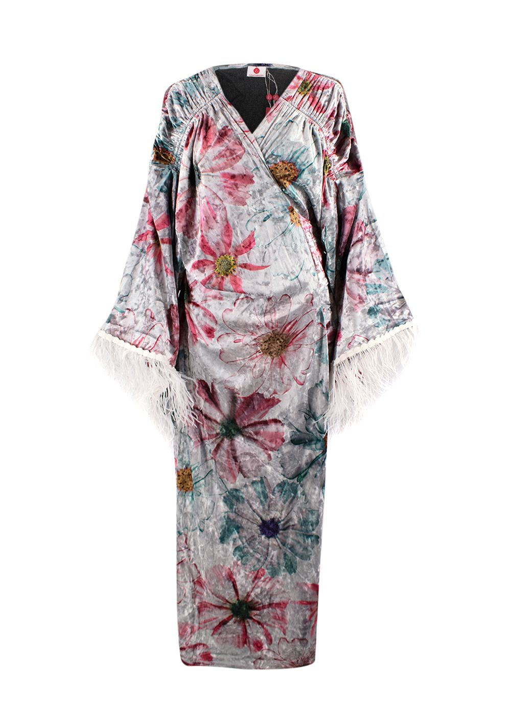 Elegant Embroidery Floral Silver Crushed Velvet Wrap Kaftan with Feather Trim silver mulicolour cotton