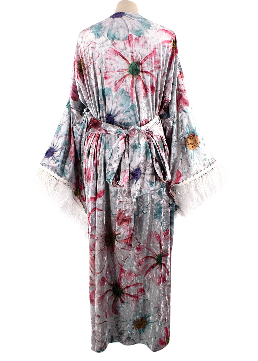 Elegant Embroidery Floral Silver Crushed Velvet Wrap Kaftan with Feather Trim silver mulicolour cotton