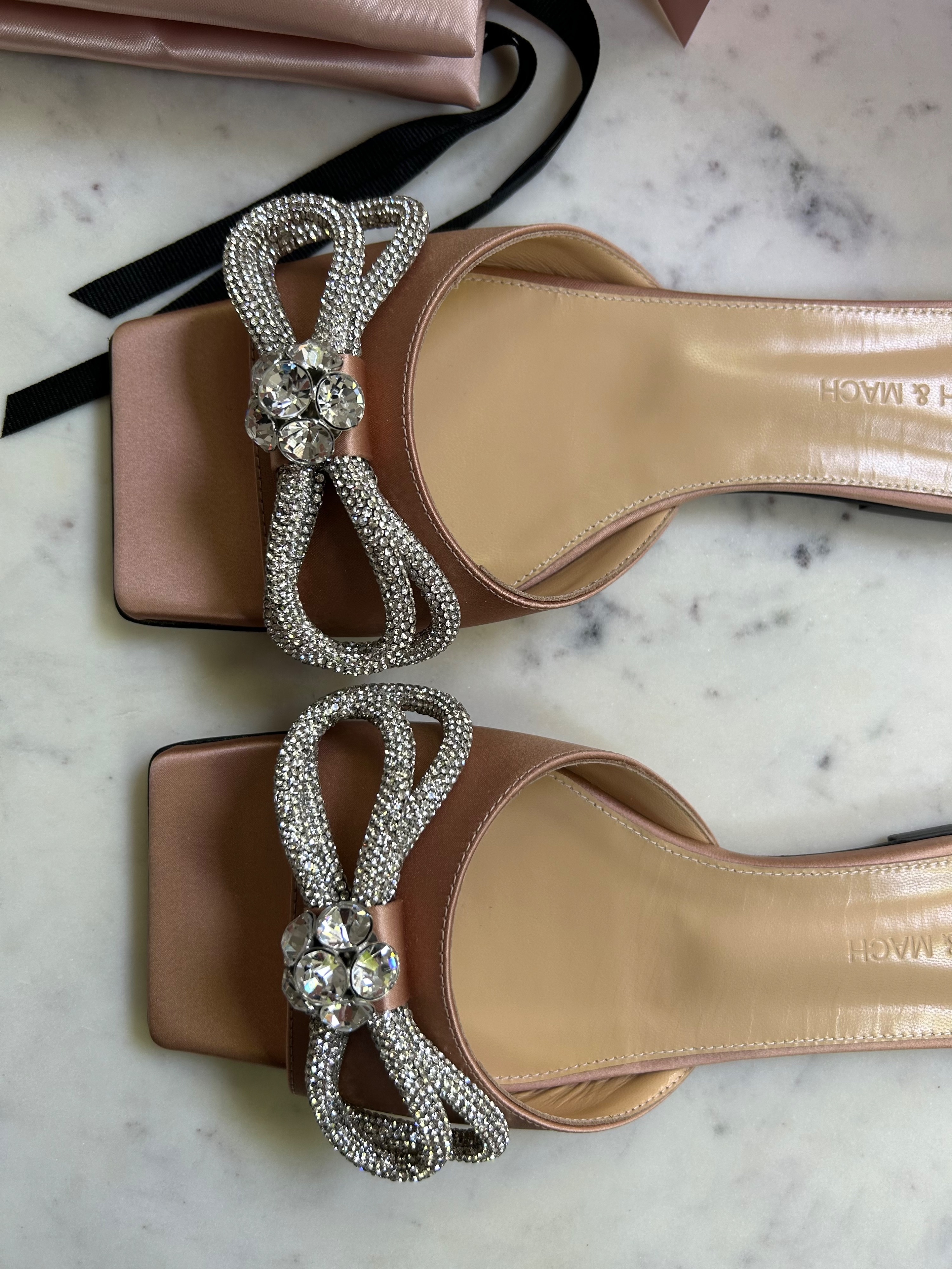 Mach  Mach Crystal Bow Satin Slide Sandals Size 38 Caramel silk